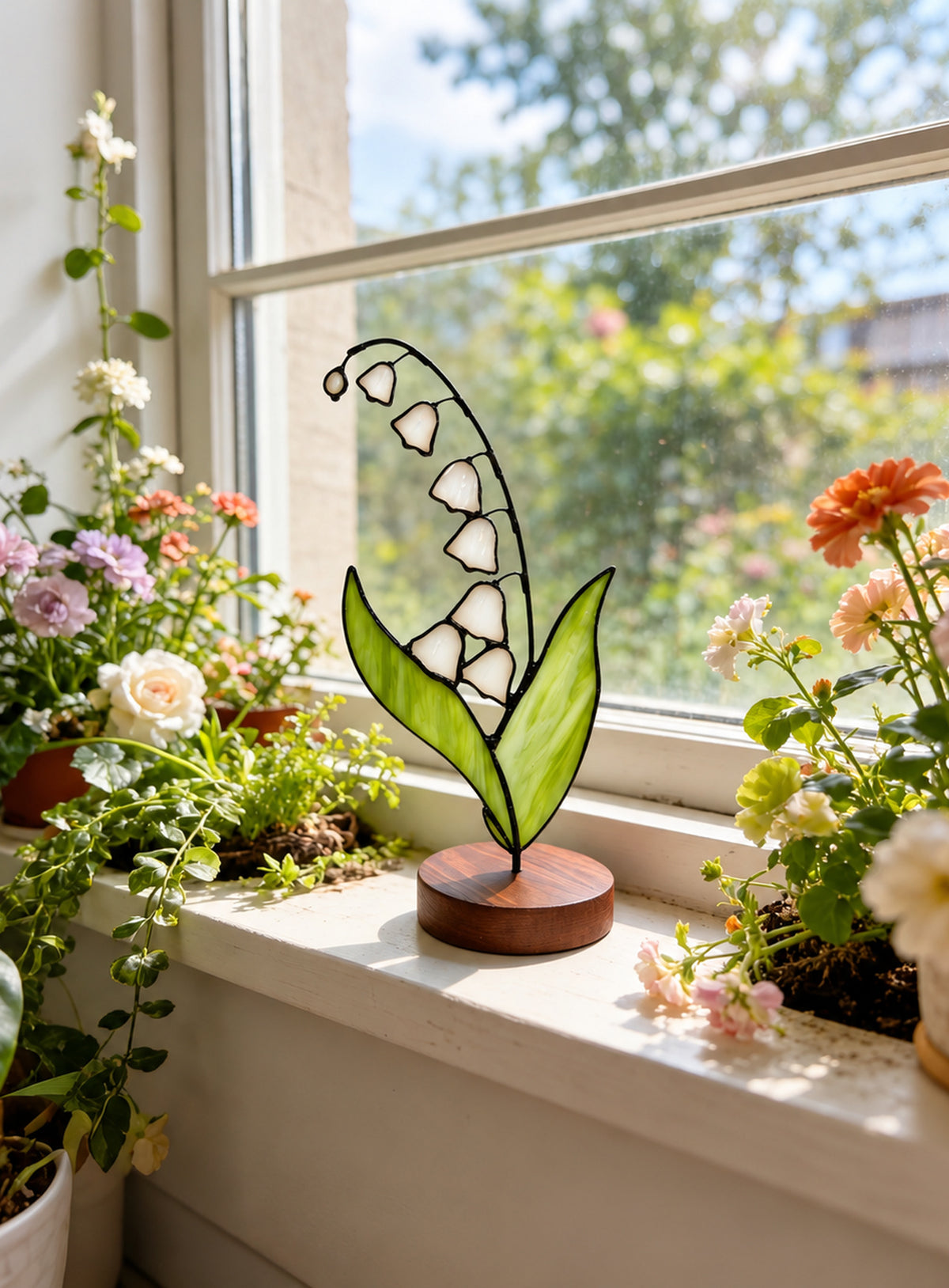 Freestanding colored-glass birth month flower with a round display base, photographed on a studio background. (May)