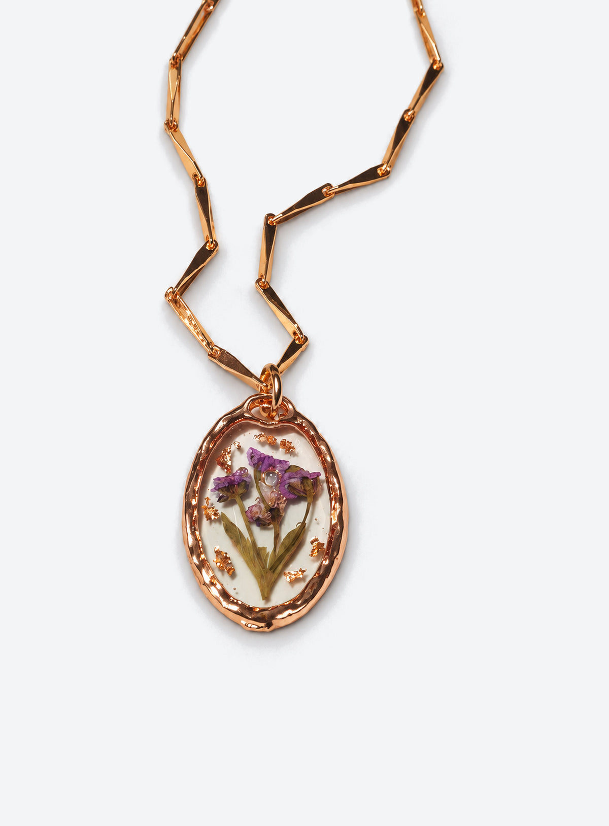 Birth month pressed-flower pendant necklace with a gold paperclip chain (February)
