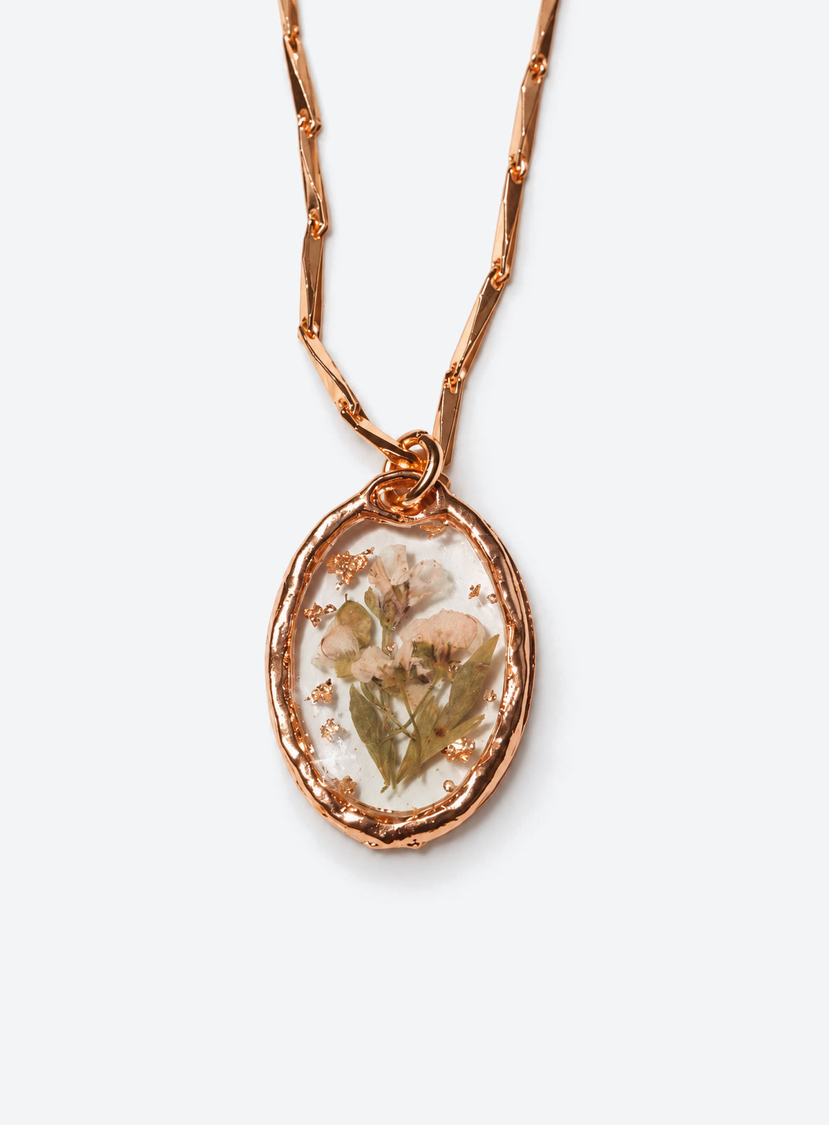 Birth month pressed-flower pendant necklace with a gold paperclip chain (May)