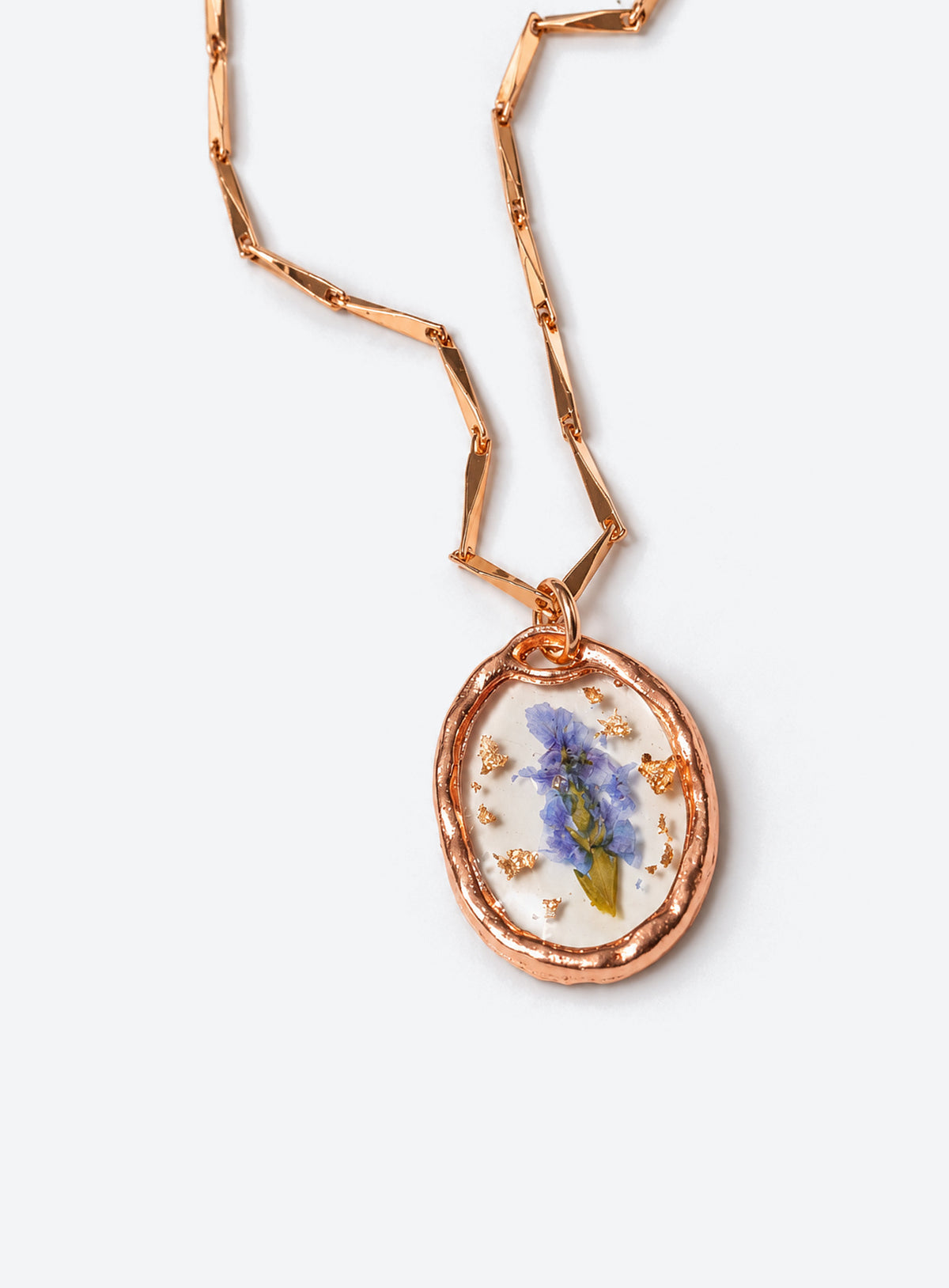 Birth month pressed-flower pendant necklace with a gold paperclip chain (July)