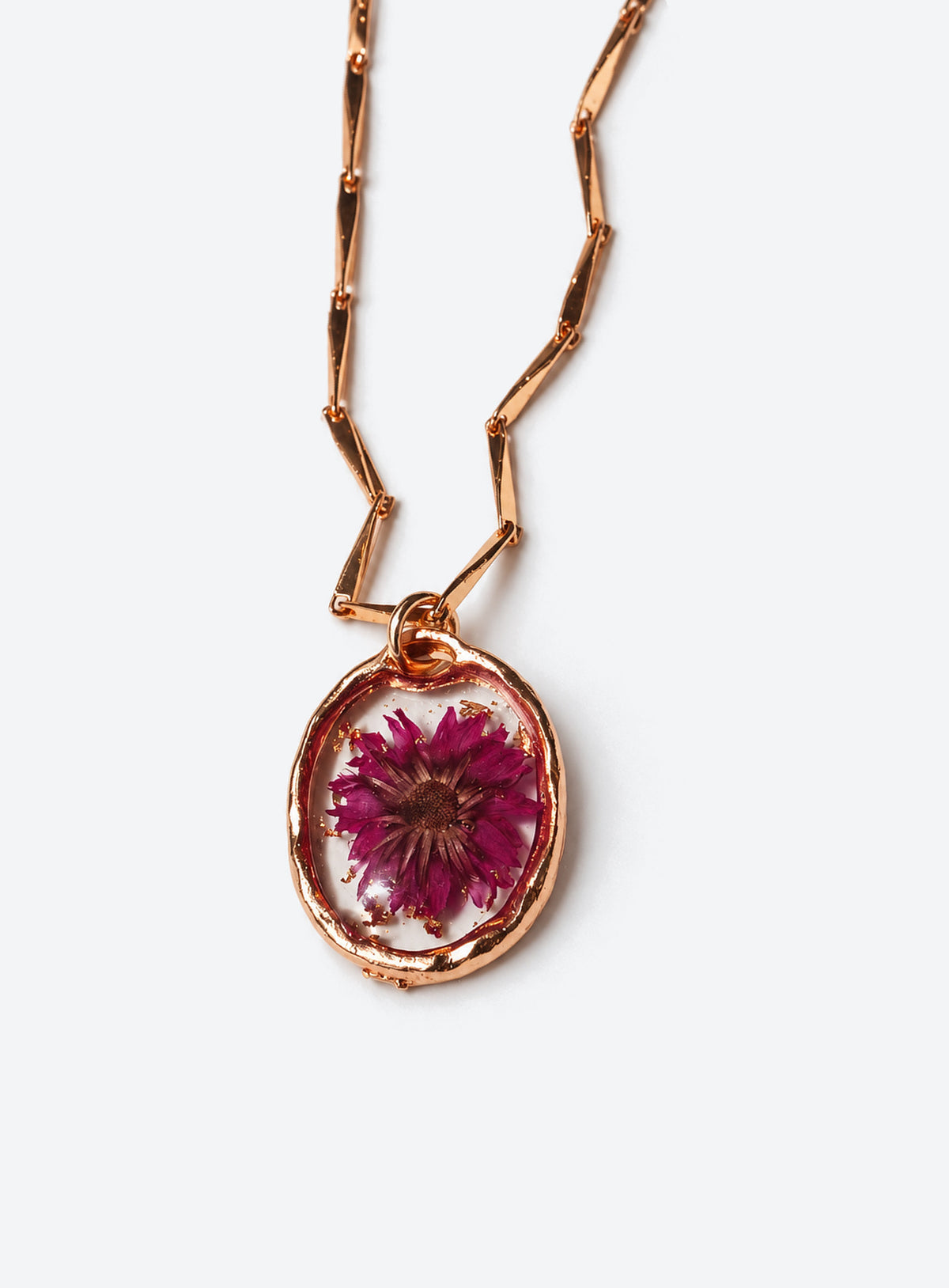 Birth month pressed-flower pendant necklace with a gold paperclip chain (September)