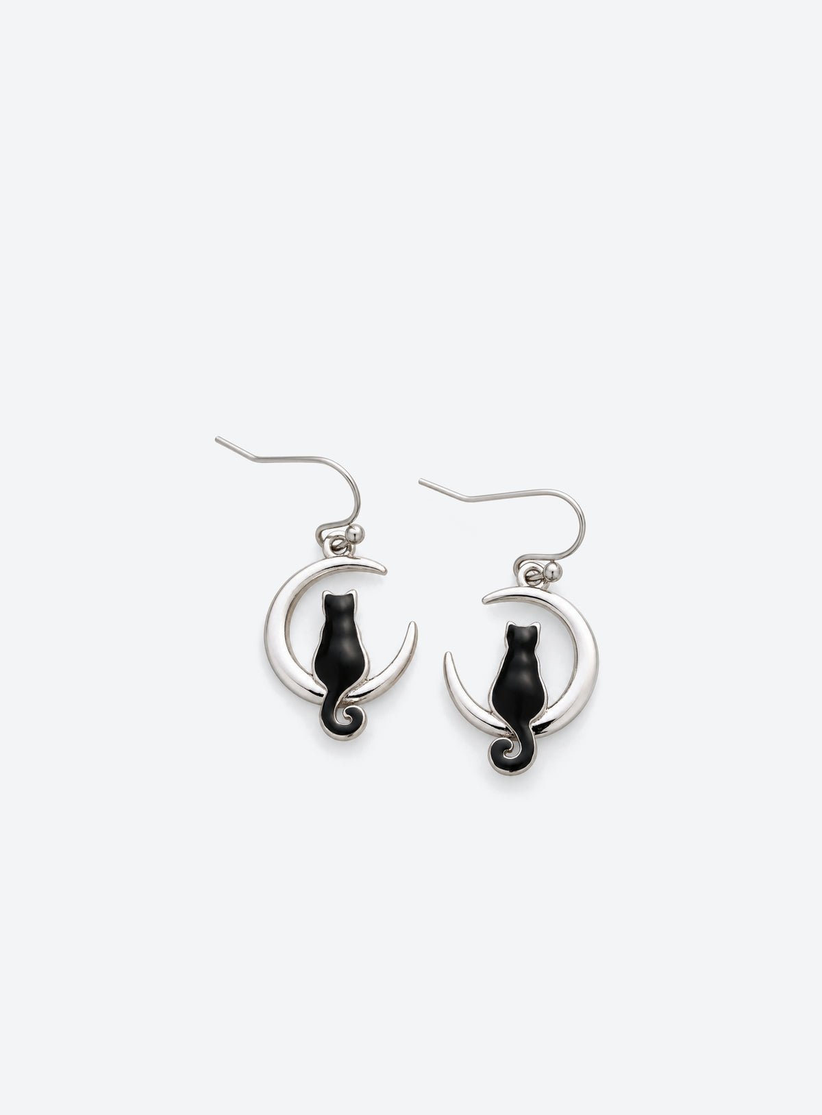 Black cat crescent moon earrings with silver-tone frames and French hooks
