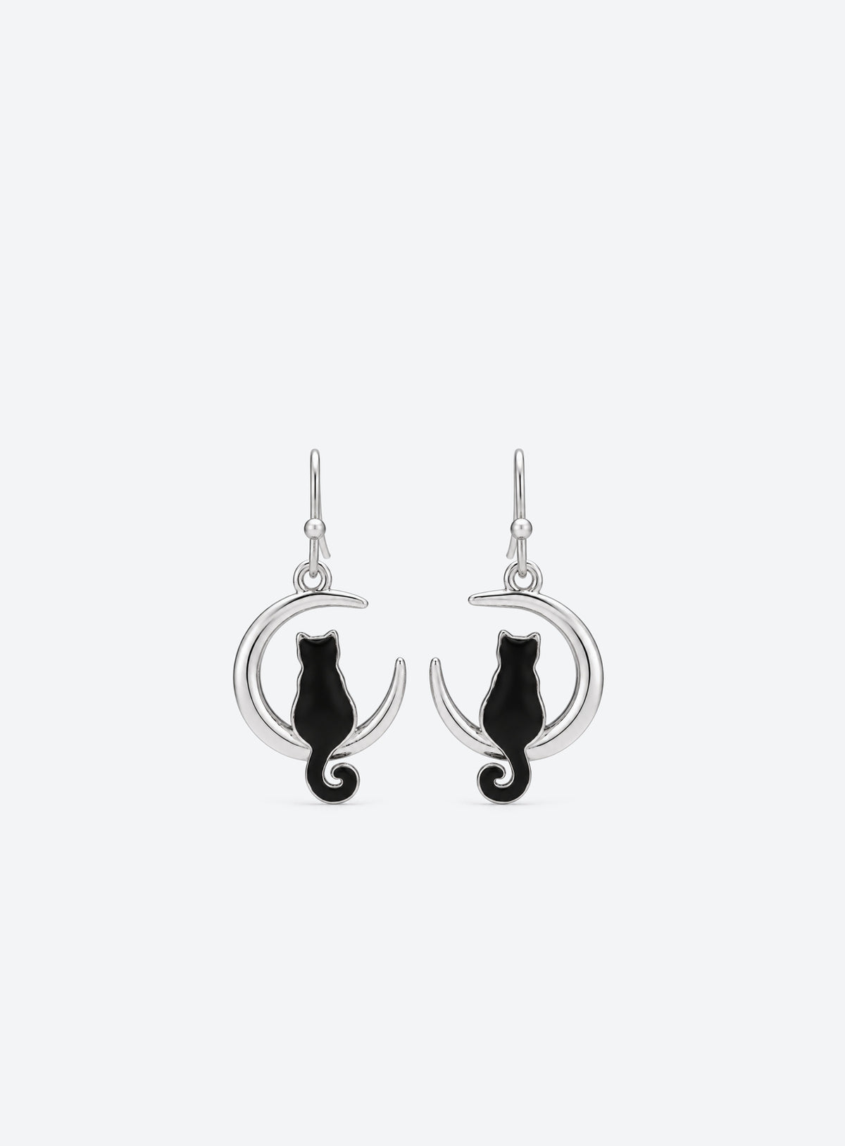 Black cat crescent moon earrings with silver-tone frames and French hooks