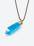 Blue faceted pendant necklace with a gold-tone cap and dark rope cord with a tie closure