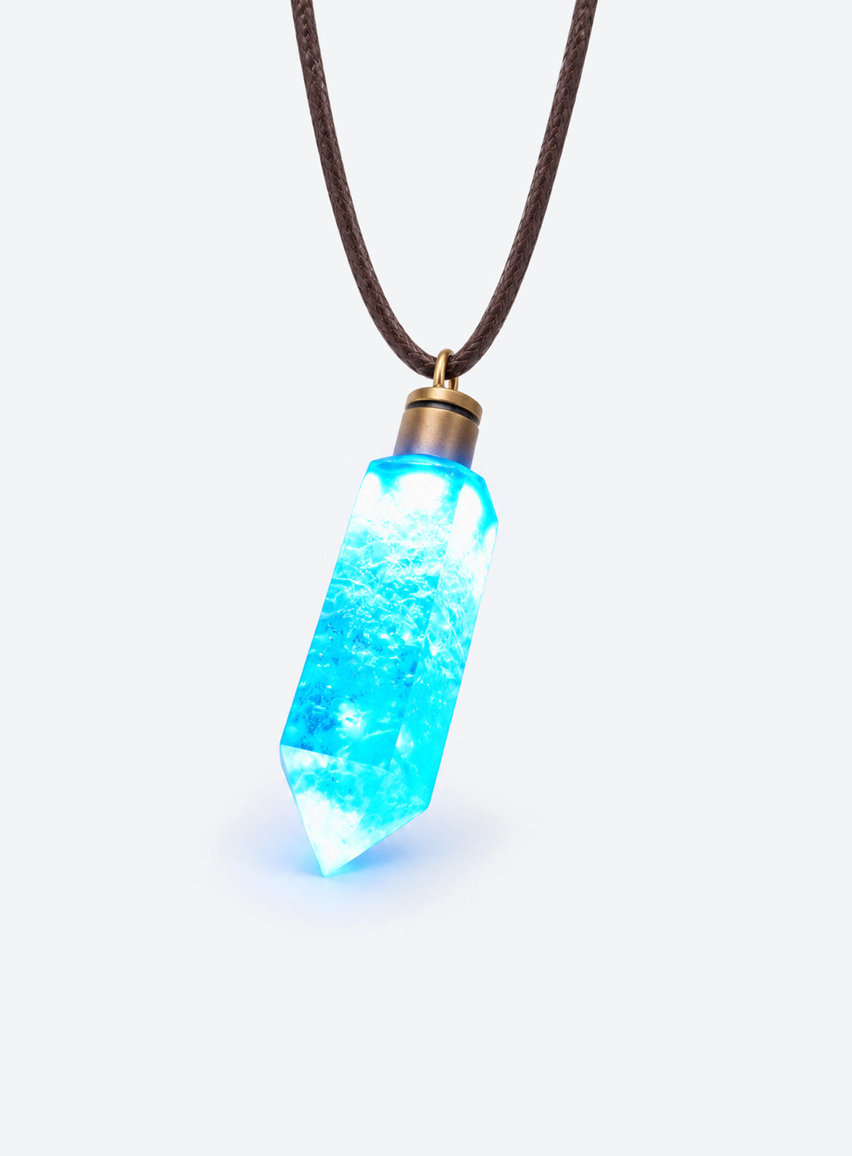 Blue faceted pendant necklace with a gold-tone cap and dark rope cord with a tie closure