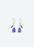 Blue and purple bell-shaped flower drop earrings with green leaves and silver-tone hooks