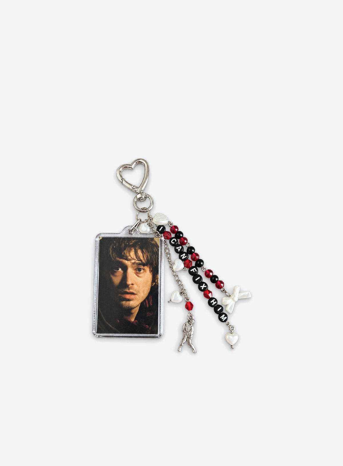 Bryan photo keychain with red and black beads and a heart-shaped clasp (Portrait)