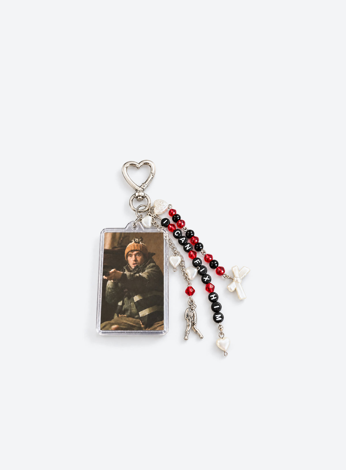 Bryan photo keychain with red and black beads and a heart-shaped clasp (Beanie)