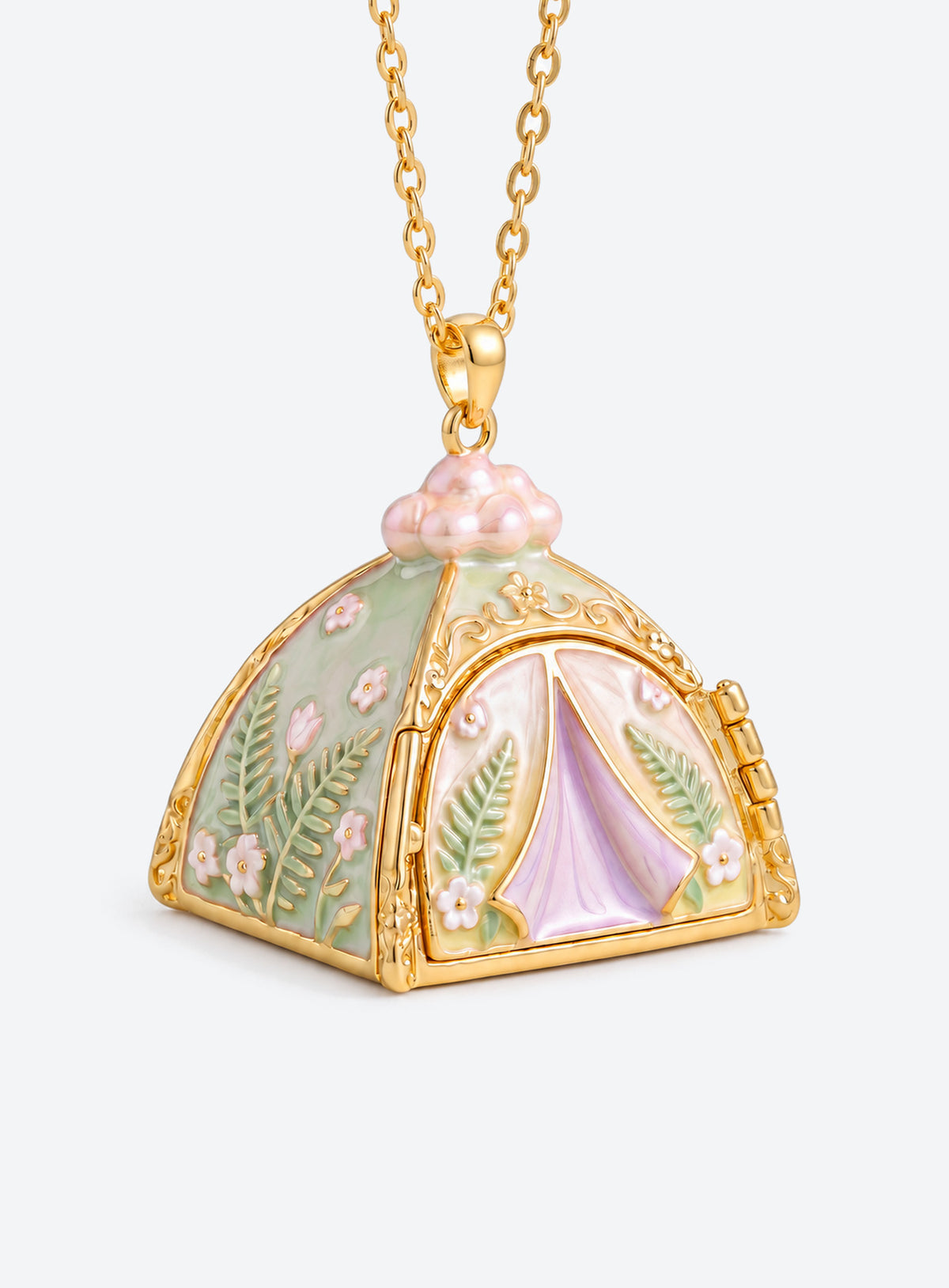 Tent-shaped locket necklace with floral and wilderness decoration and simulated pearl accents on top (Green)
