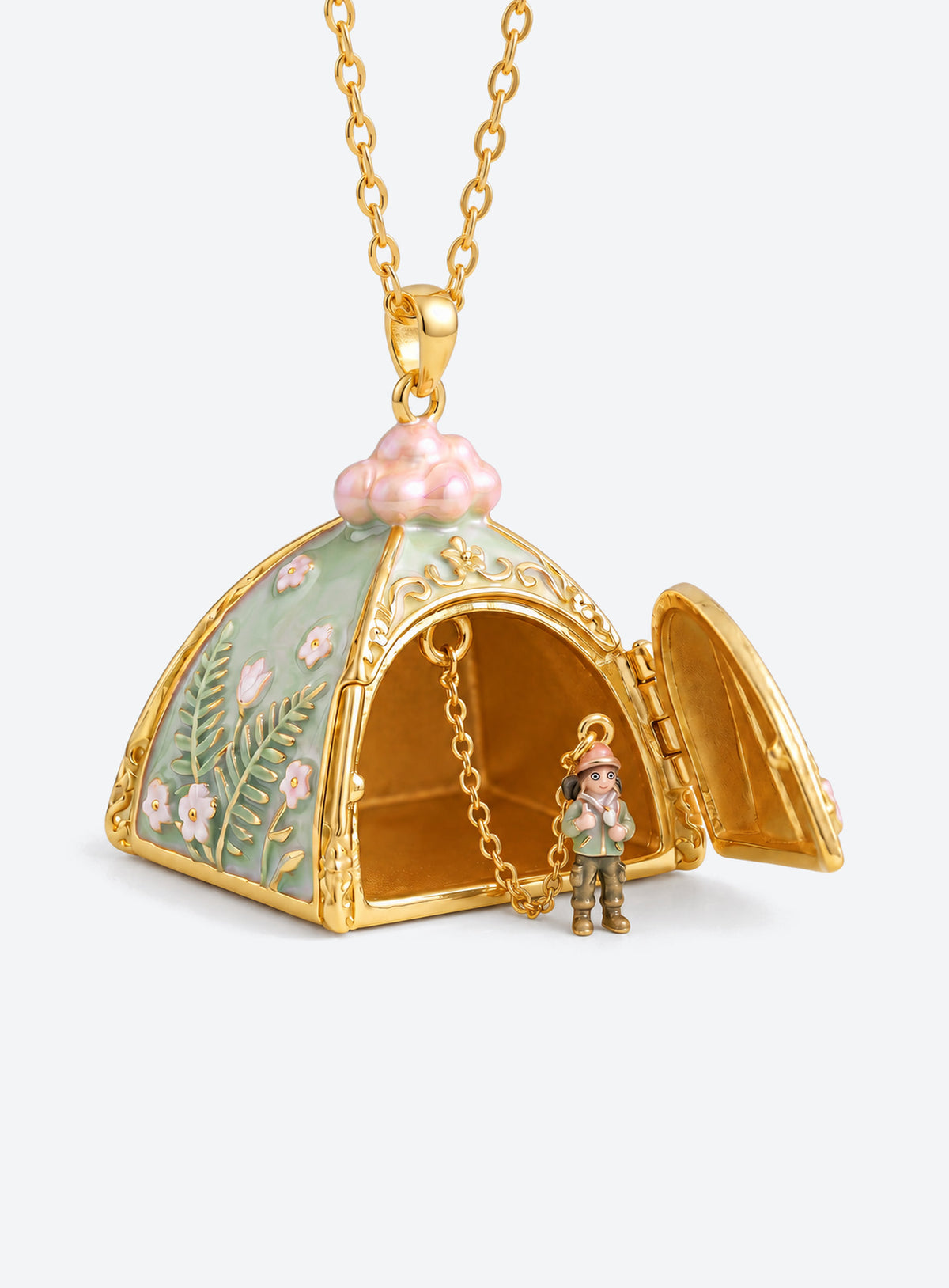 Tent-shaped locket necklace with floral and wilderness decoration and simulated pearl accents on top (Green)