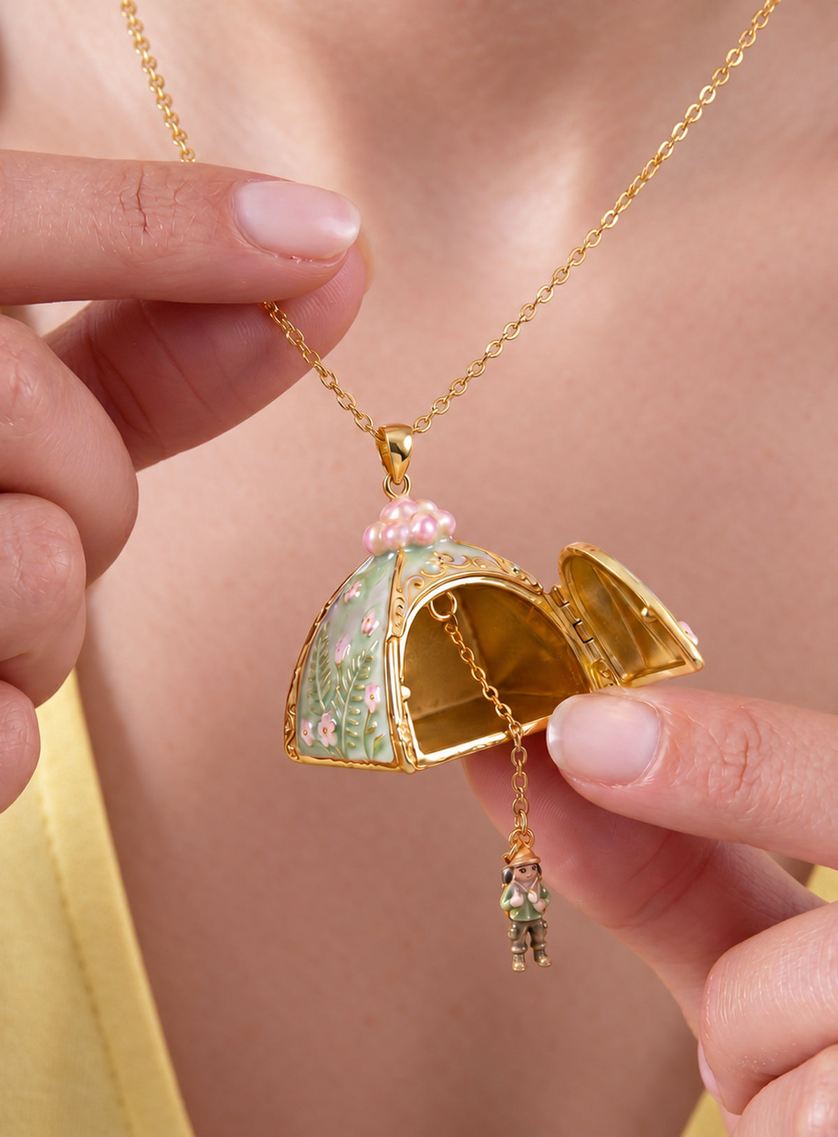 Tent-shaped locket necklace with floral and wilderness decoration and simulated pearl accents on top (Green)