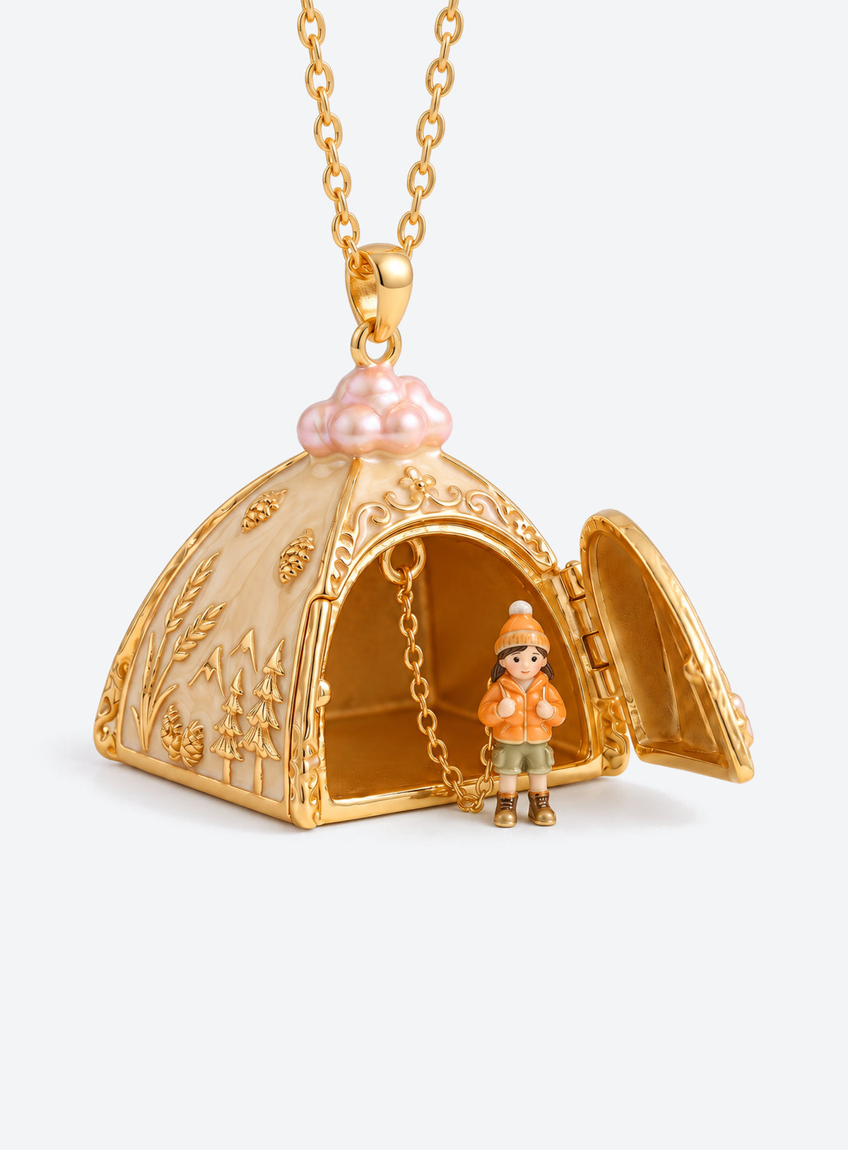 Tent-shaped locket necklace with floral and wilderness decoration and simulated pearl accents on top (Beige)