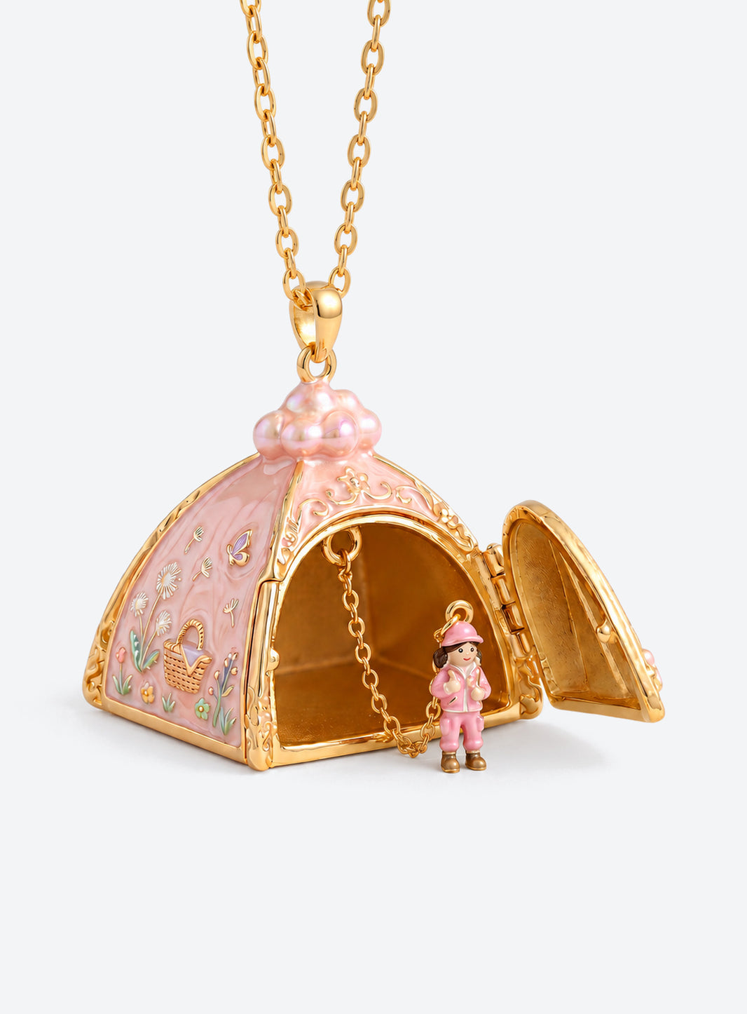 Tent-shaped locket necklace with floral and wilderness decoration and simulated pearl accents on top (Pink)