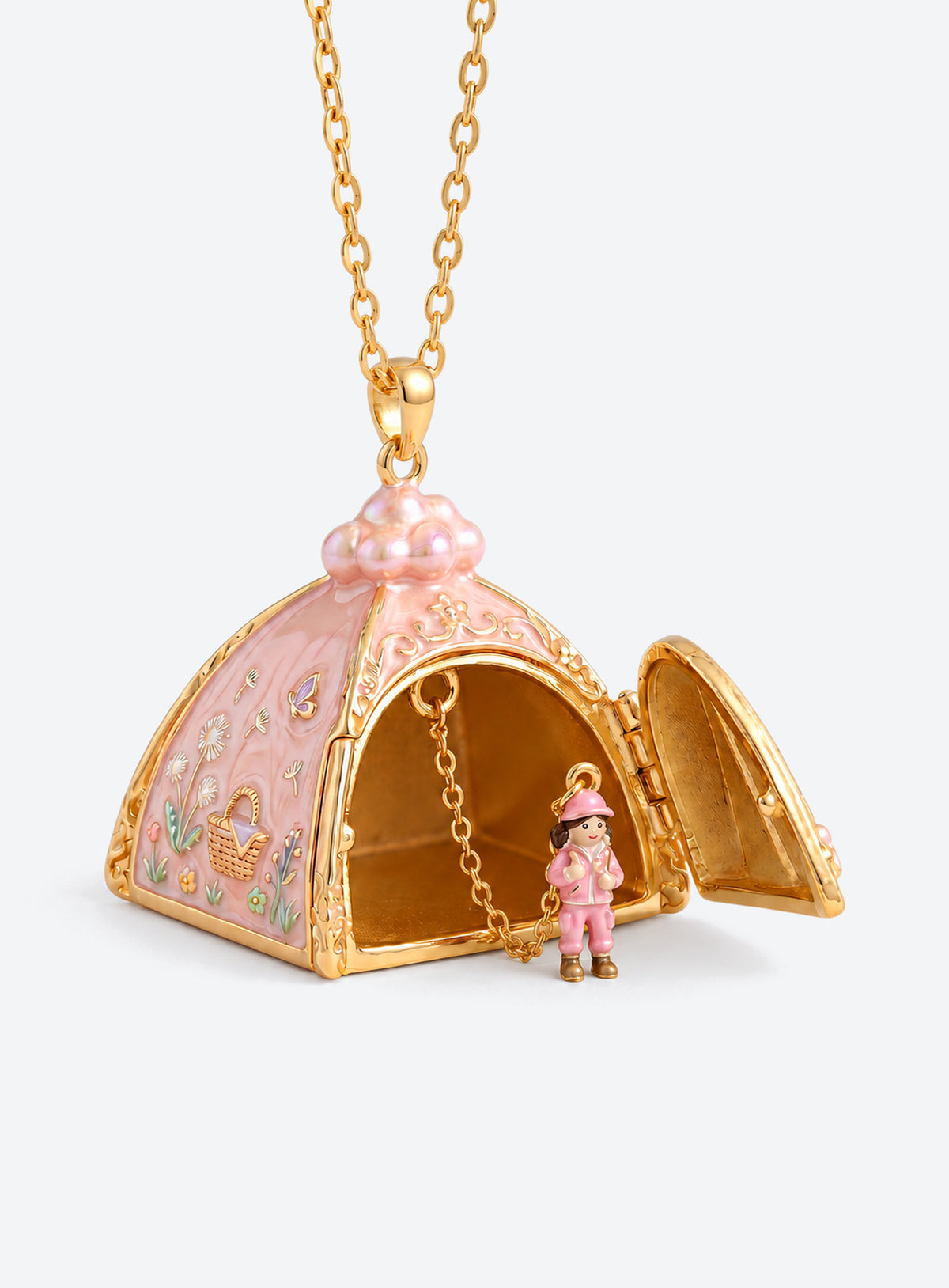 Tent-shaped locket necklace with floral and wilderness decoration and simulated pearl accents on top (Pink)