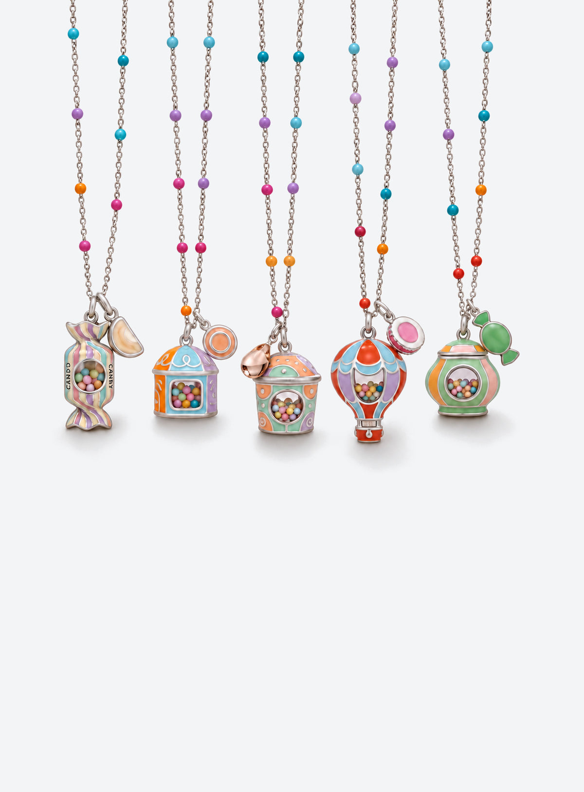 Candy-themed pendant necklace with a transparent window containing colorful candy-like beads