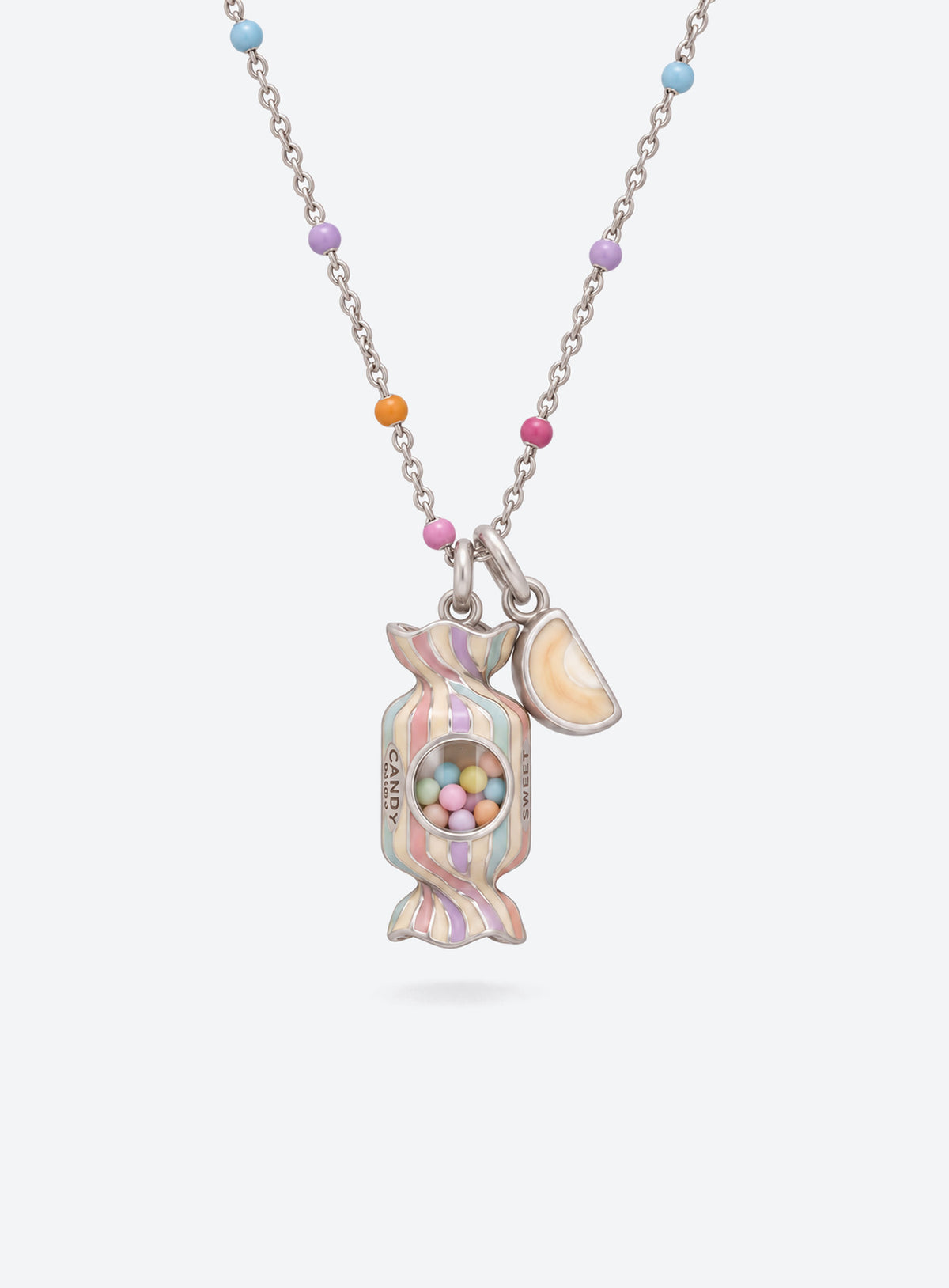 Candy-themed pendant necklace with a transparent window containing colorful candy-like beads (Striped Candies)