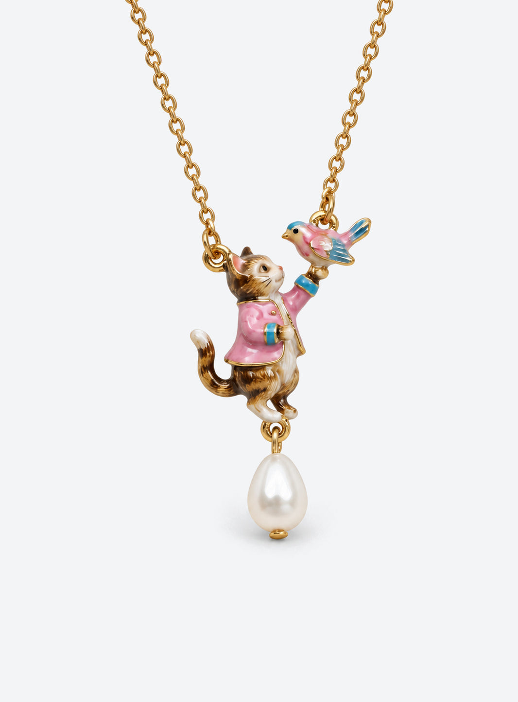 Enamel animal pendant necklace in cat with bird and dangling drop or hat-wearing dog with bone charm styles (Cat)
