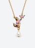 Enamel animal pendant necklace in cat with bird and dangling drop or hat-wearing dog with bone charm styles (Cat)