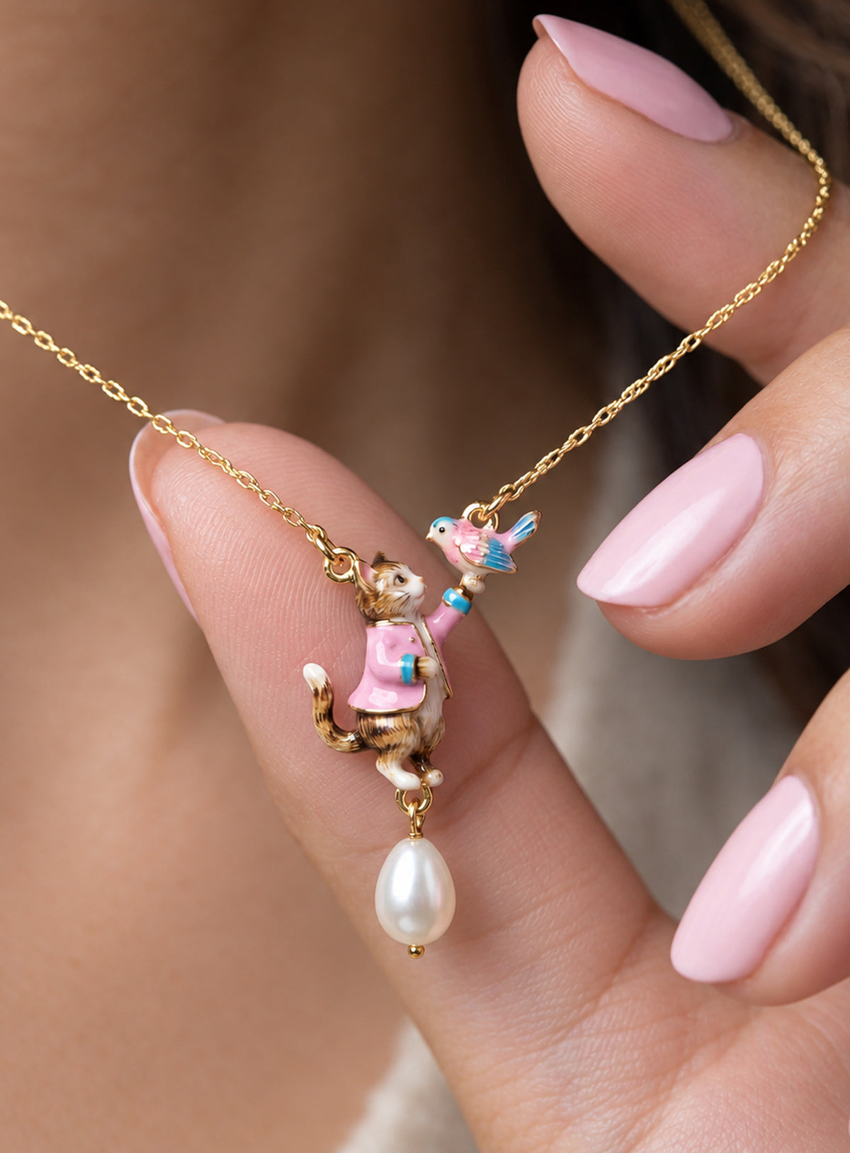 Enamel animal pendant necklace in cat with bird and dangling drop or hat-wearing dog with bone charm styles (Cat)
