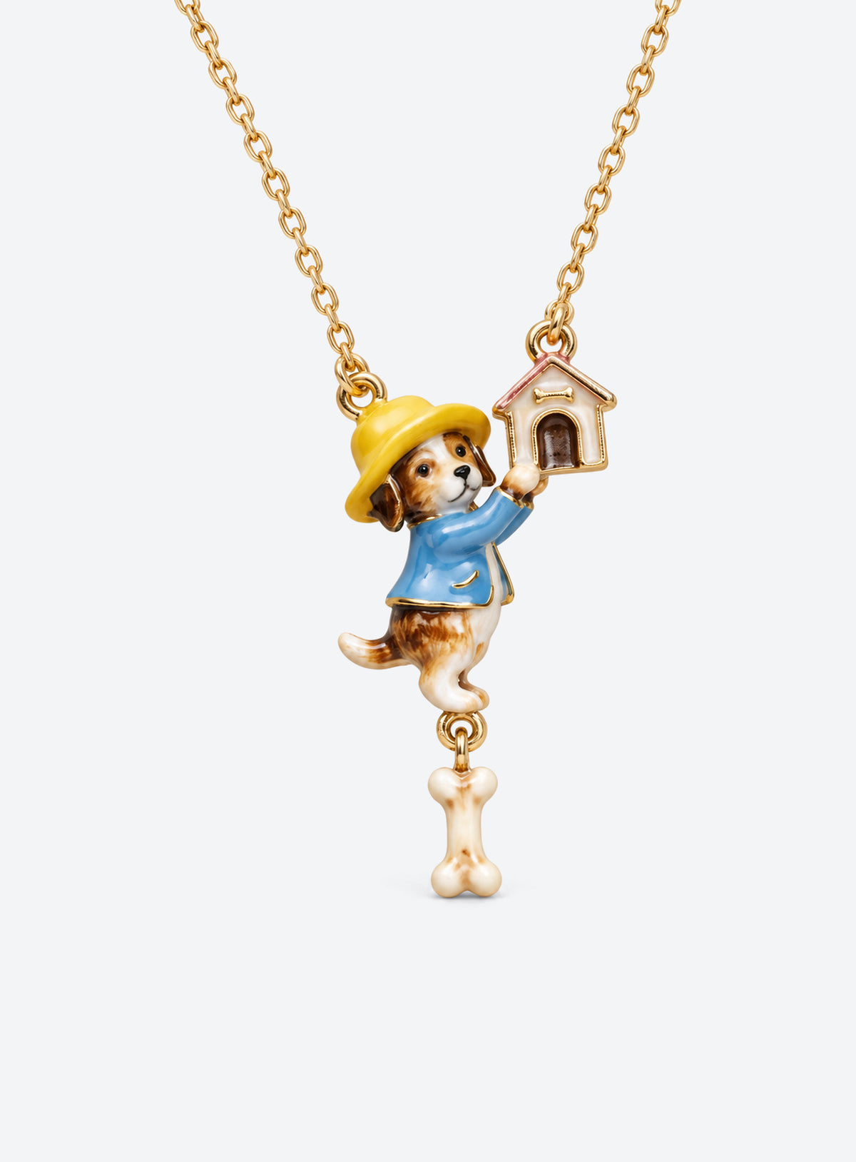Enamel animal pendant necklace in cat with bird and dangling drop or hat-wearing dog with bone charm styles (Dog)