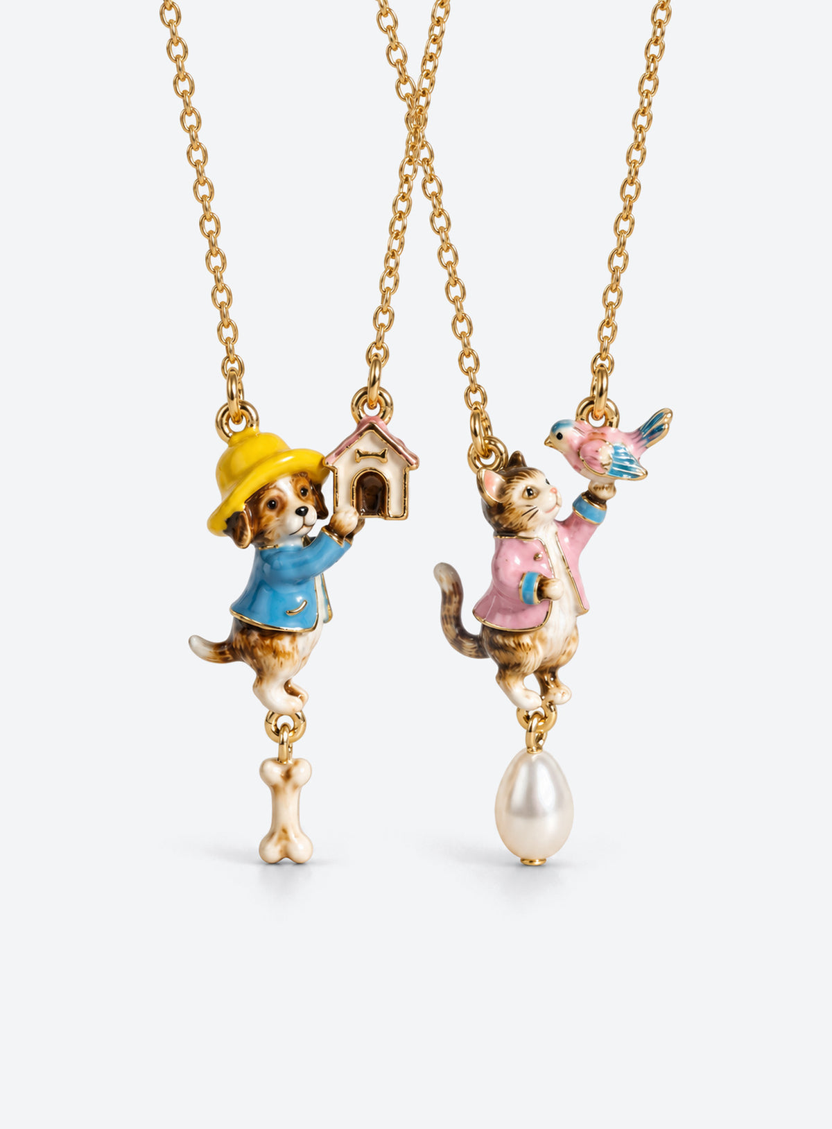 Enamel animal pendant necklace in cat with bird and dangling drop or hat-wearing dog with bone charm styles