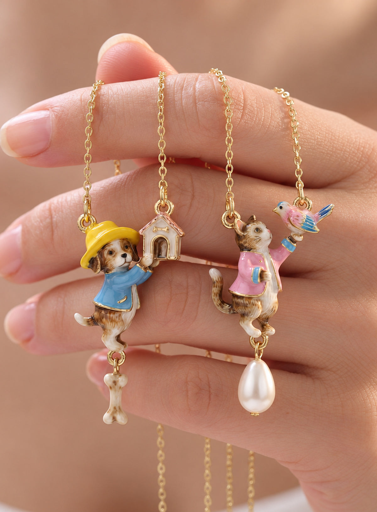 Enamel animal pendant necklace in cat with bird and dangling drop or hat-wearing dog with bone charm styles