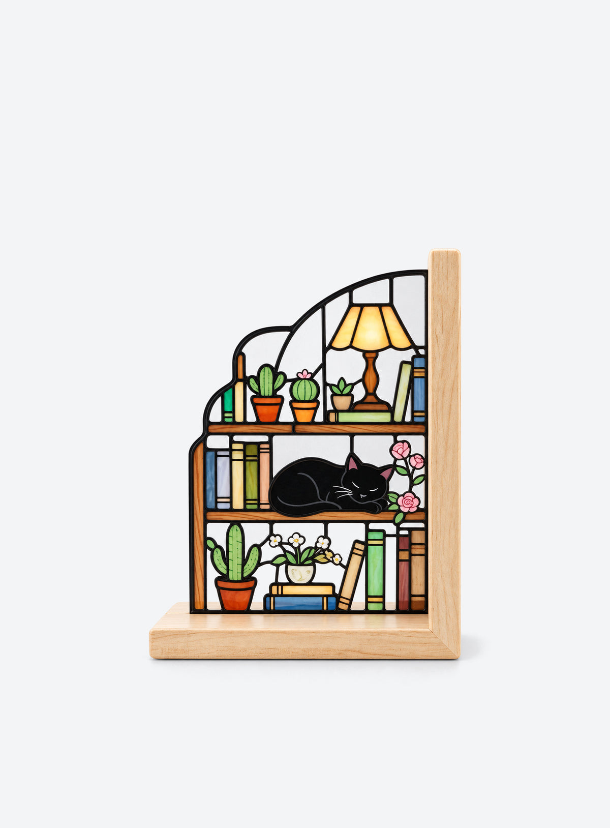 Acrylic bookends with a black-cat and floral design and matching bases (Left)
