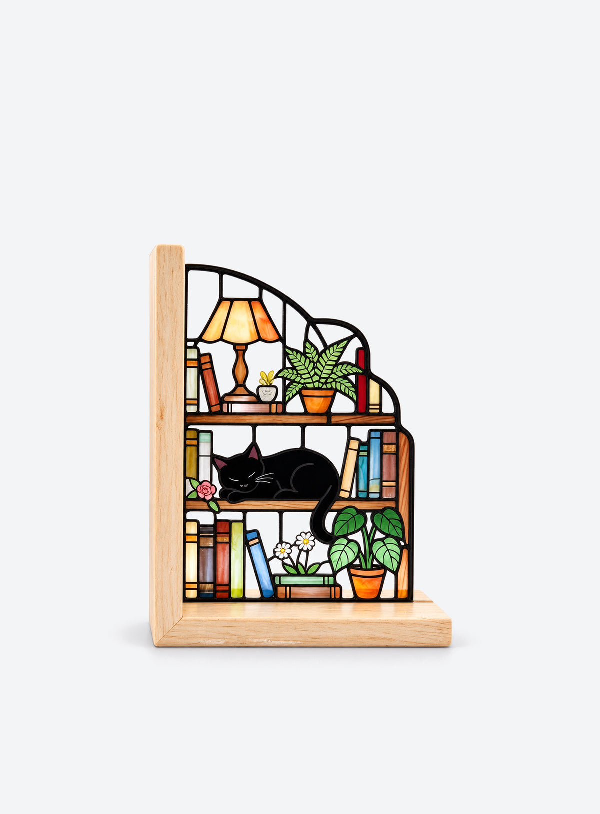 Acrylic bookends with a black-cat and floral design and matching bases (Right)