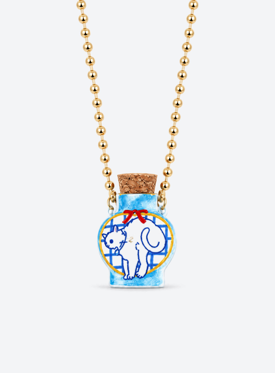 Cat-patterned ceramic bottle pendant with a cork stopper on a copper chain (Blue Cat)