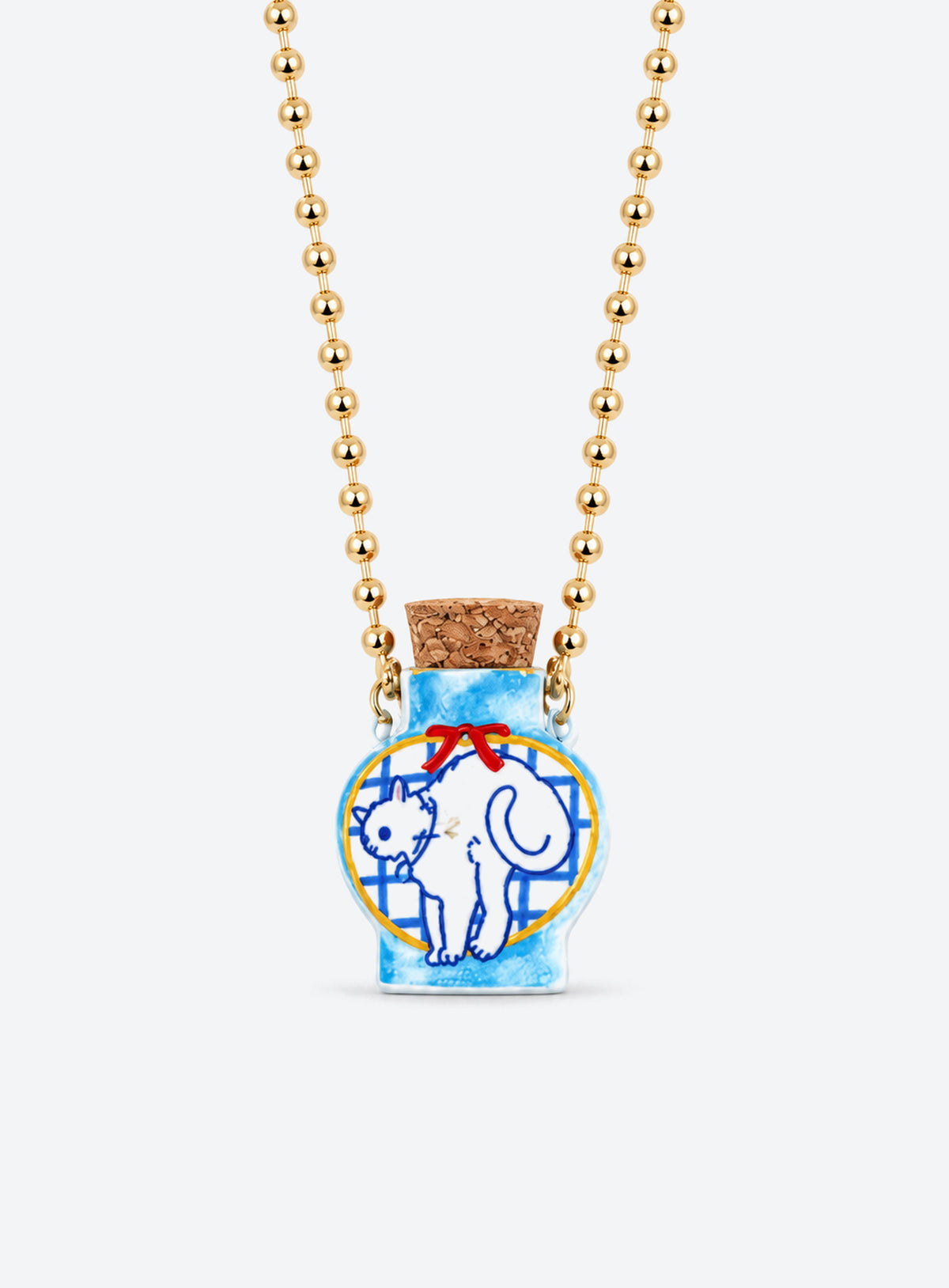 Cat-patterned ceramic bottle pendant with a cork stopper on a copper chain (Blue Cat)