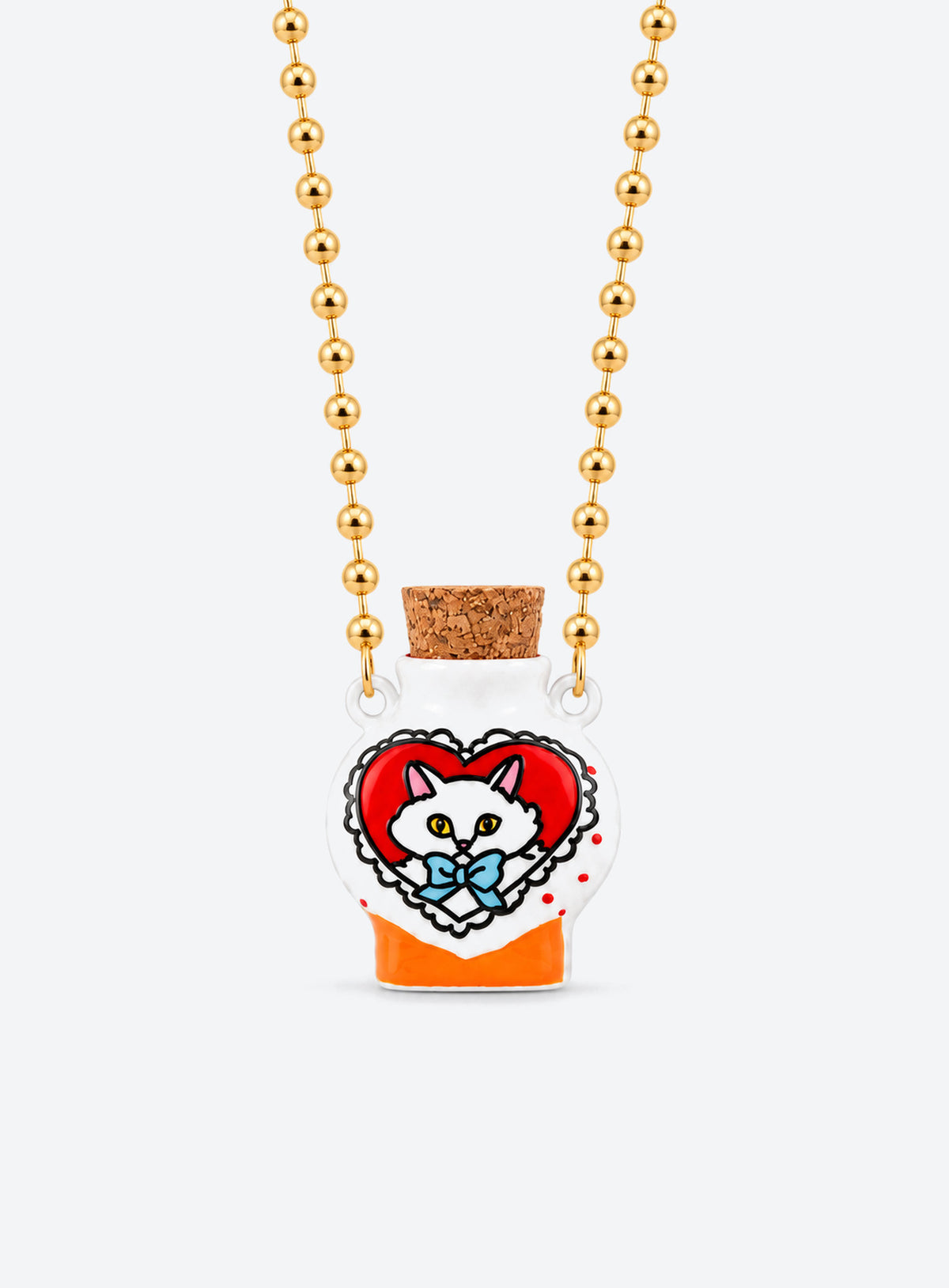Cat-patterned ceramic bottle pendant with a cork stopper on a copper chain (Red Heart Cat)