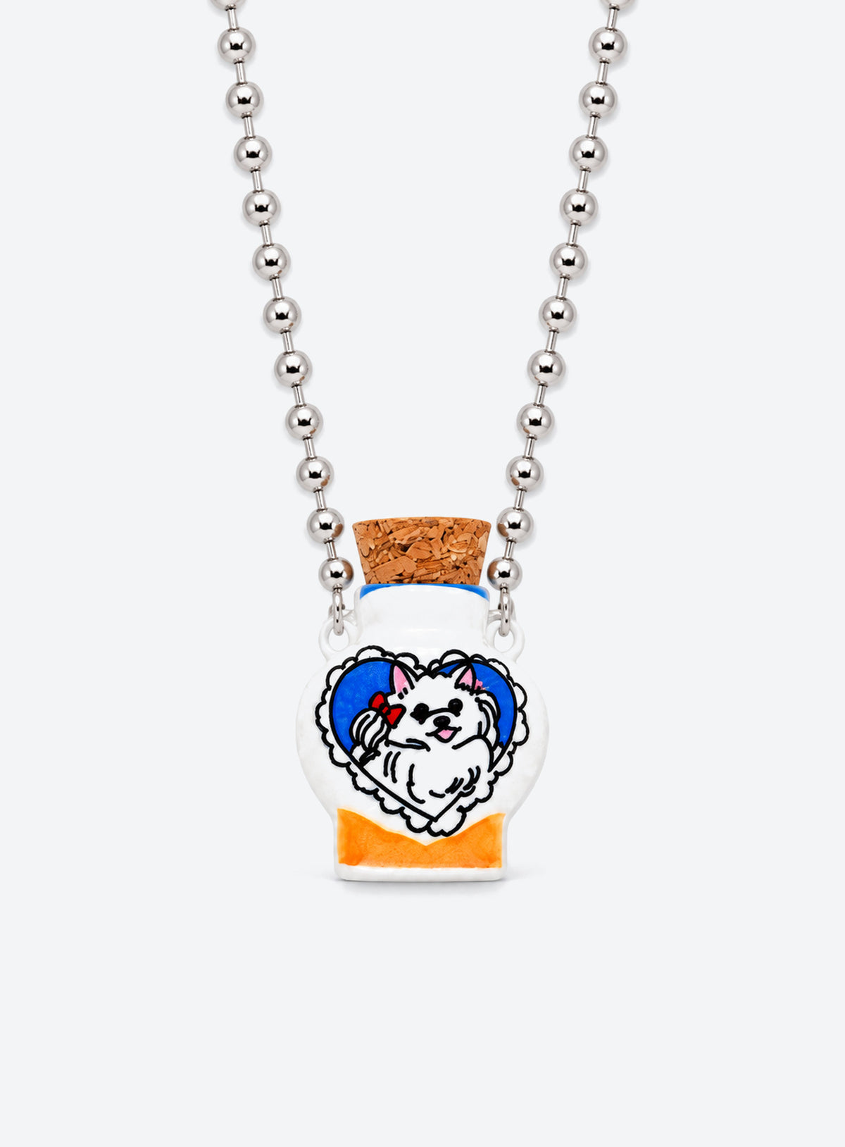 Cat-patterned ceramic bottle pendant with a cork stopper on a copper chain (Blue Heart Cat)