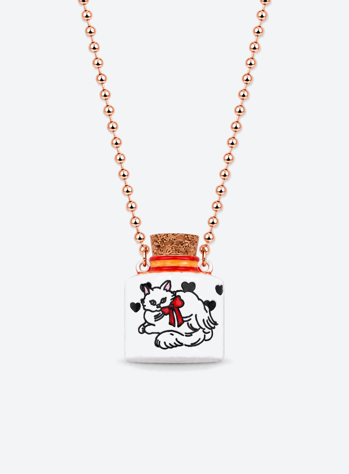 Cat-patterned ceramic bottle pendant with a cork stopper on a copper chain (Black Heart Cat)