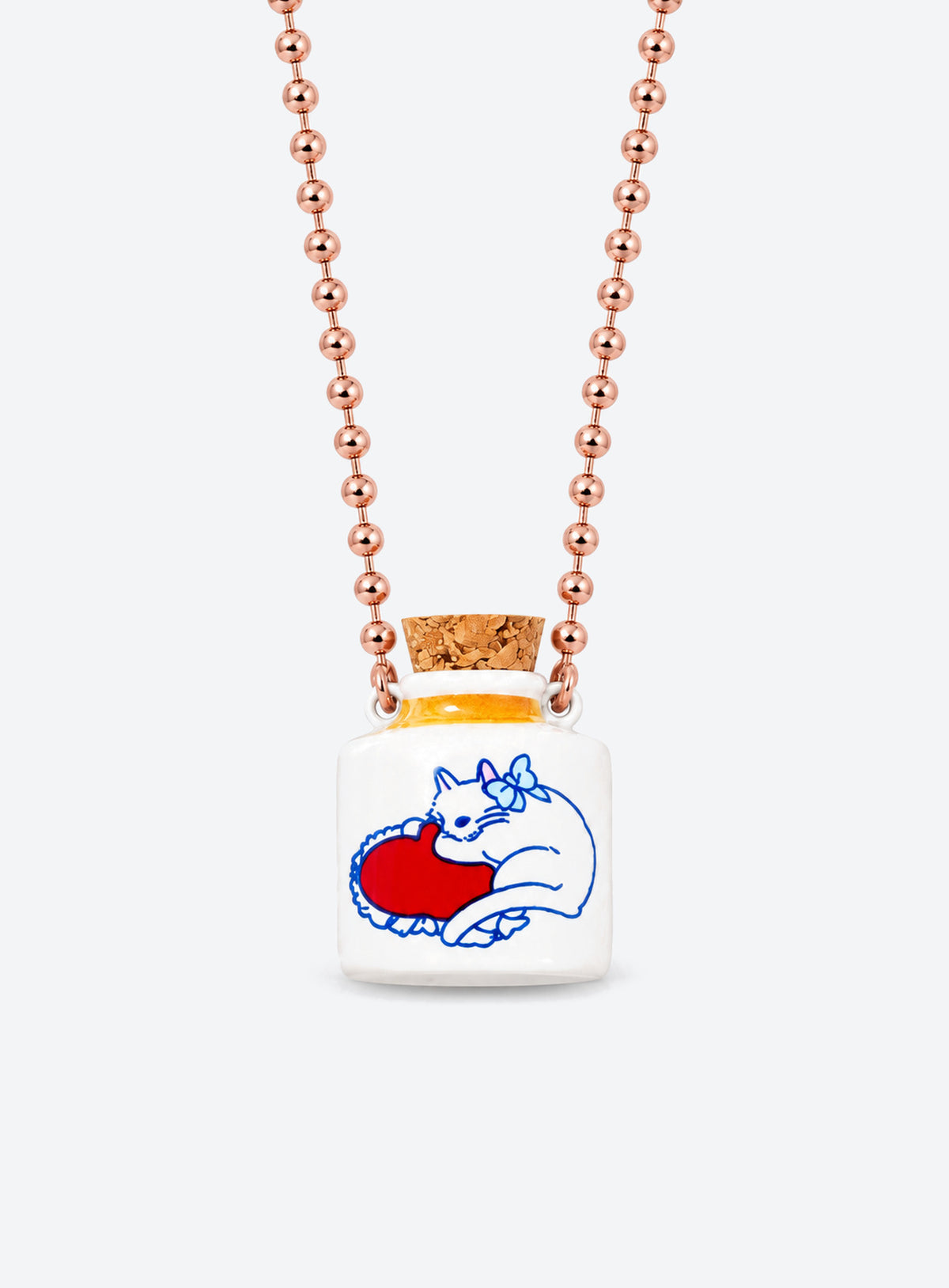 Cat-patterned ceramic bottle pendant with a cork stopper on a copper chain (Sleepy Cat)