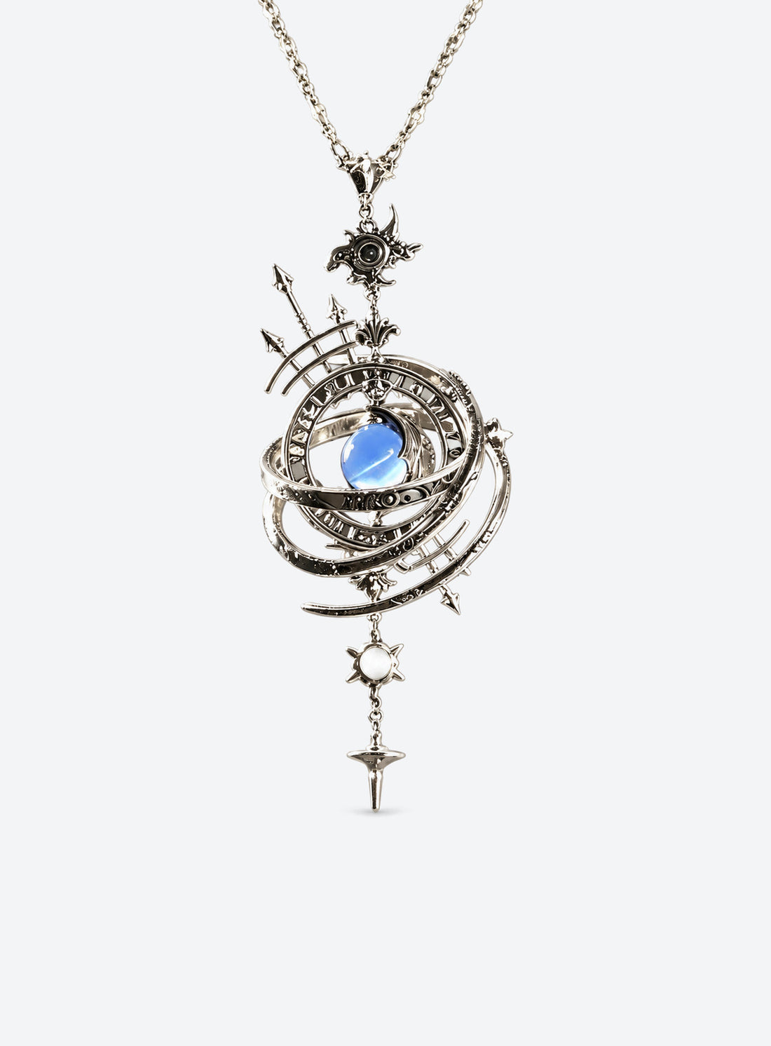 Armillary sphere pendant with nested rings, a blue center stone, celestial markings, and dangling stars