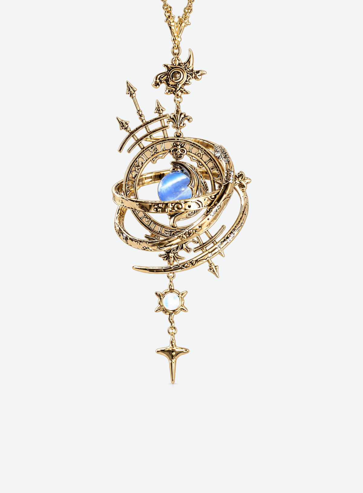 Armillary sphere pendant with nested rings, a blue center stone, celestial markings, and dangling stars