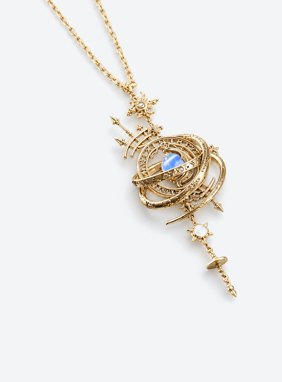 Armillary sphere pendant with nested rings, a blue center stone, celestial markings, and dangling stars