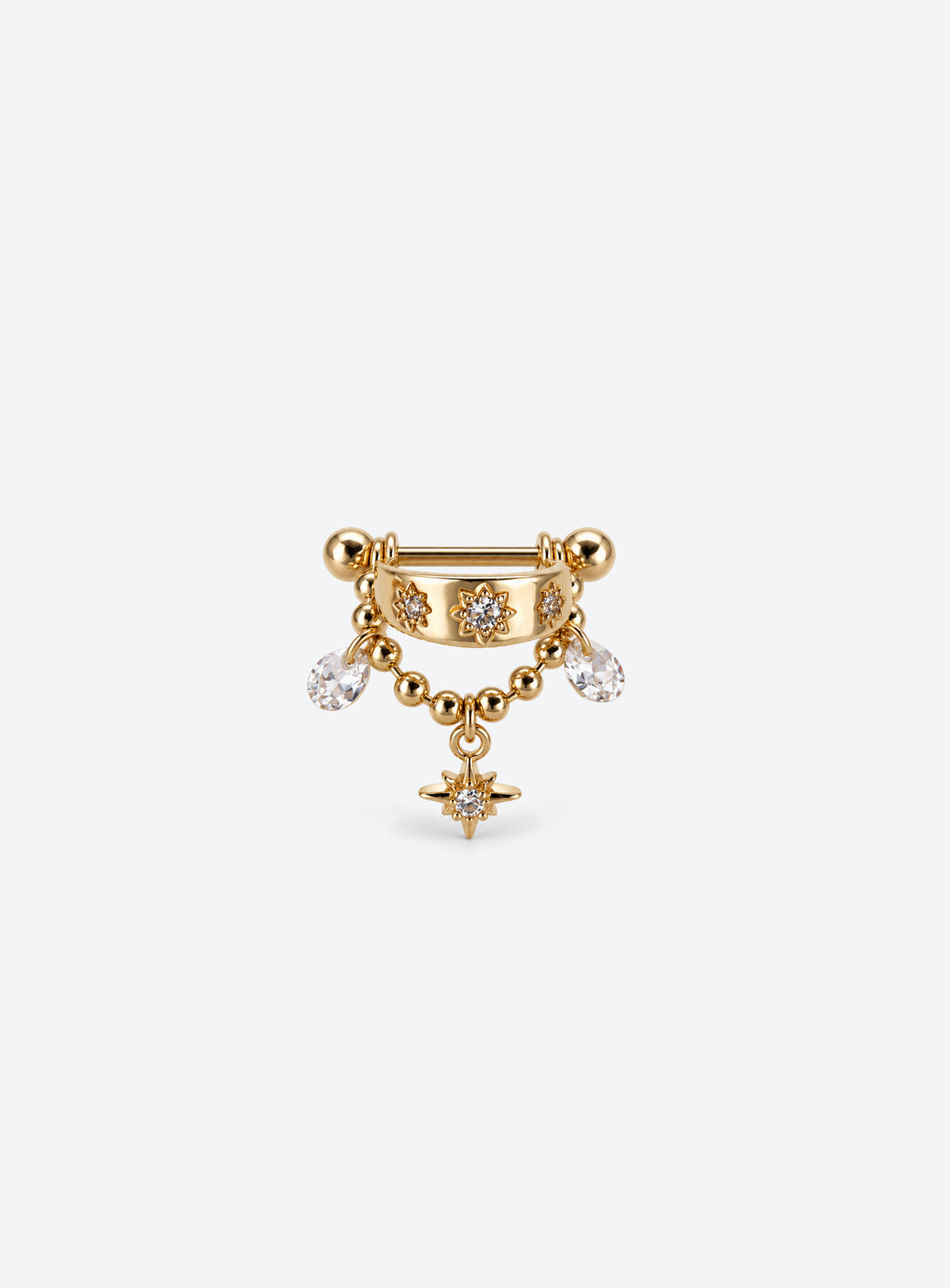 Curved celestial cartilage stud with star motifs, a beaded chain, two clear stone drops, and a dangling star