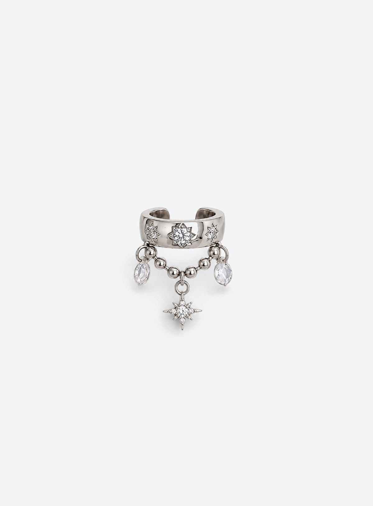 Curved celestial cartilage stud with star motifs, a beaded chain, two clear stone drops, and a dangling star