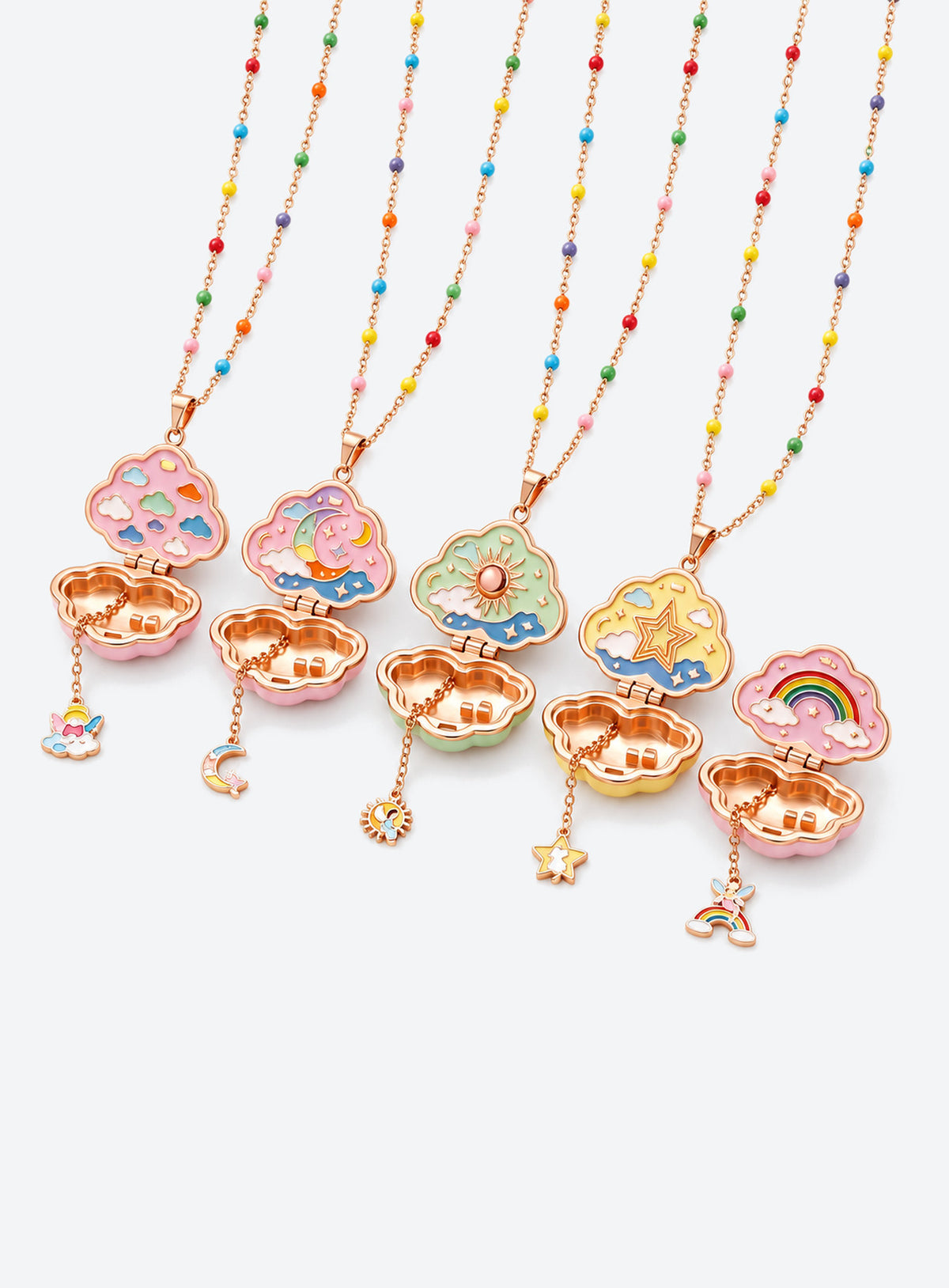 Cloud-shaped enamel locket necklace with a multicolored beaded chain and a small charm hanging inside the open pendant