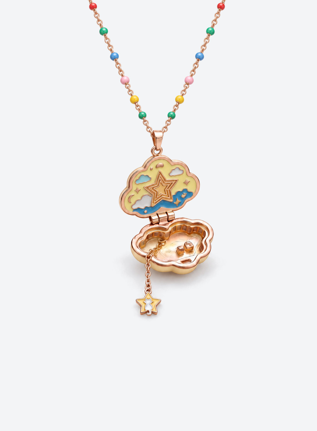 Cloud-shaped enamel locket necklace with a multicolored beaded chain and a small charm hanging inside the open pendant (Star)
