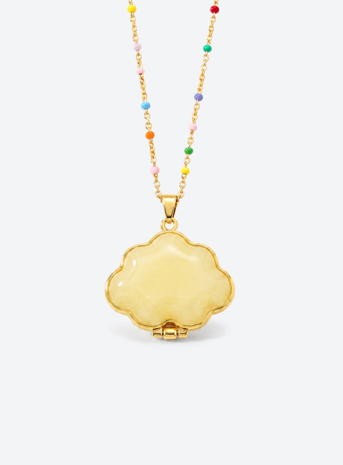 Cloud-shaped enamel locket necklace with a multicolored beaded chain and a small charm hanging inside the open pendant (Star)