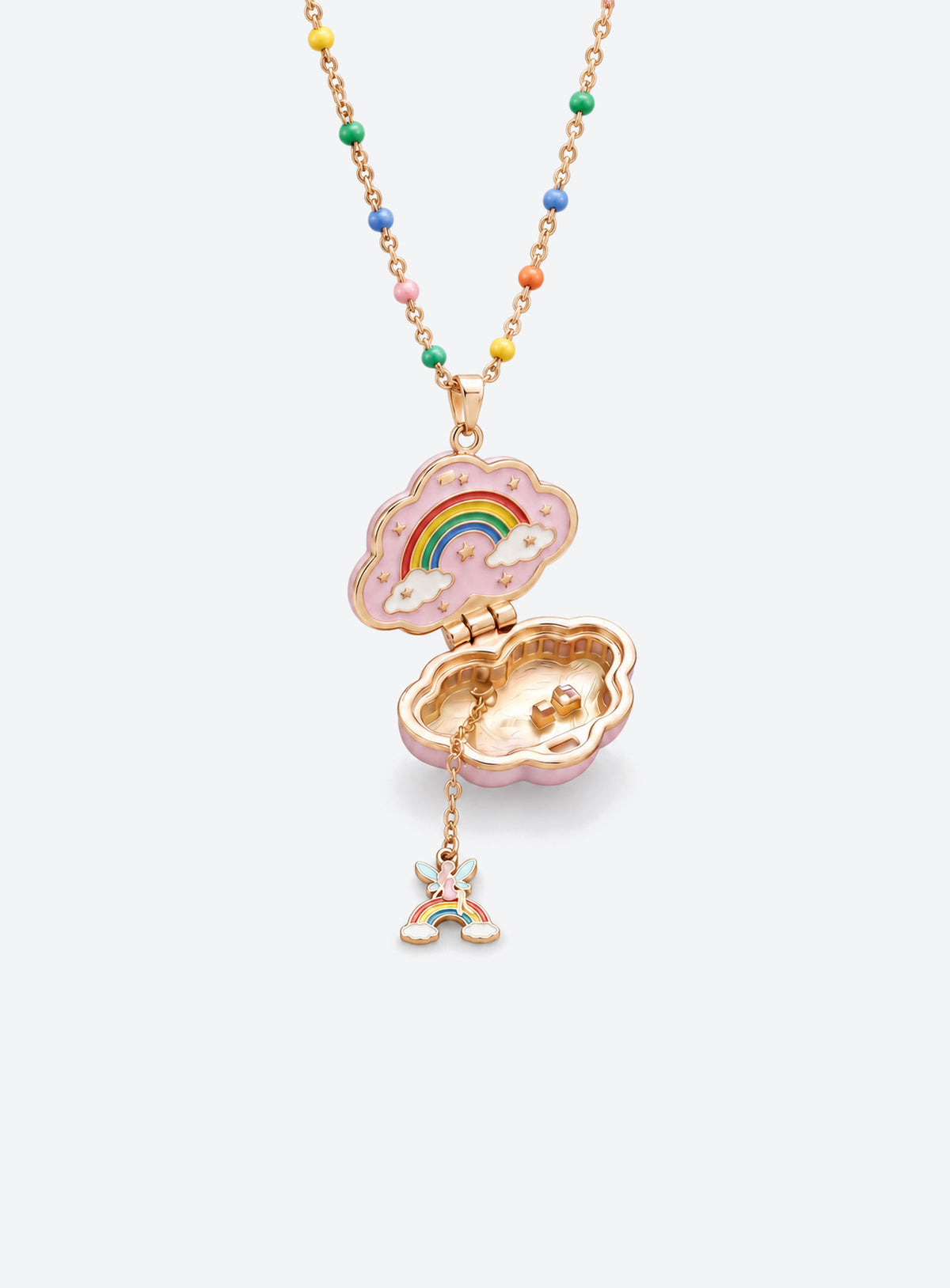 Cloud-shaped enamel locket necklace with a multicolored beaded chain and a small charm hanging inside the open pendant (Rainbow)