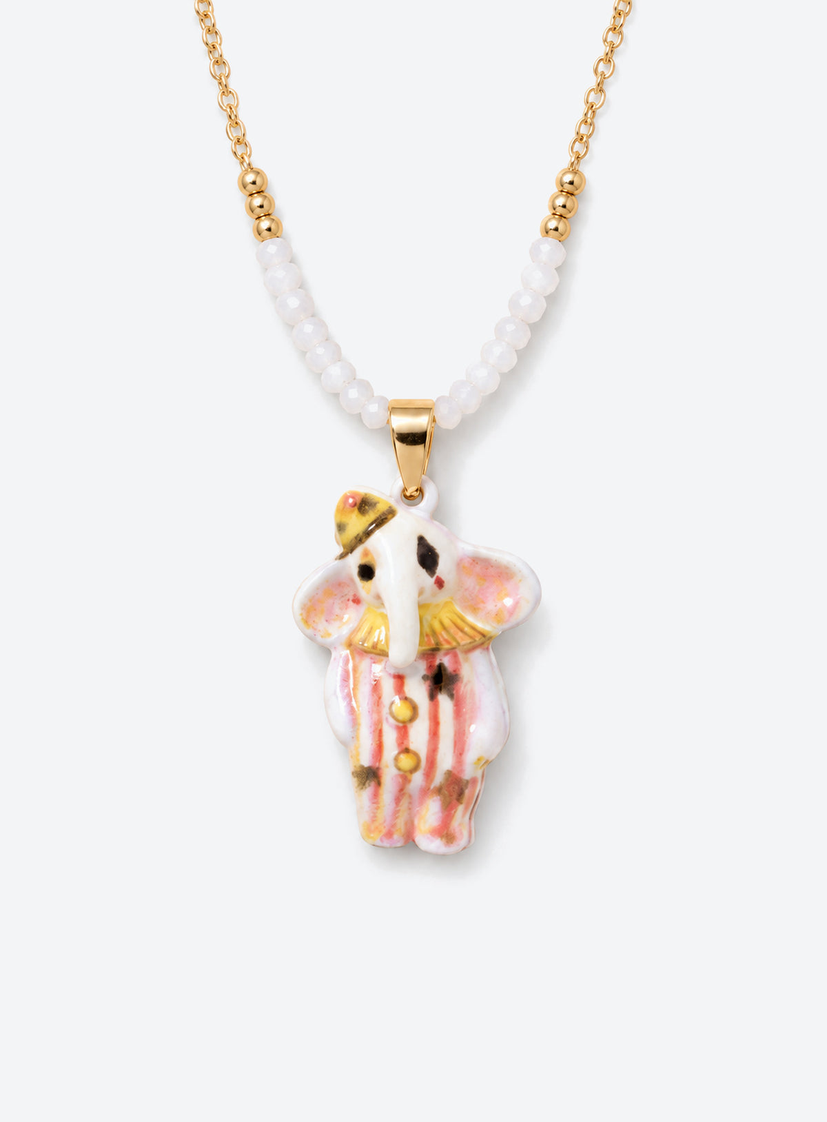 Hand-painted ceramic animal pendant necklace with gold-tone detailing and small colored beads on a delicate chain (Pink Elephant)