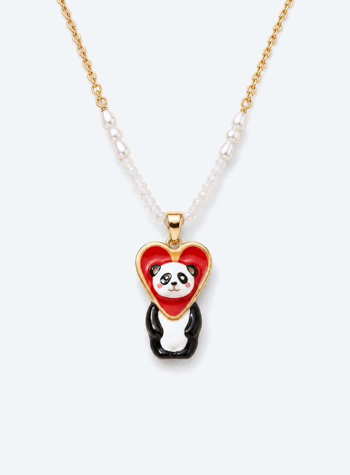 Hand-painted ceramic animal pendant necklace with gold-tone detailing and small colored beads on a delicate chain (Panda Bear)