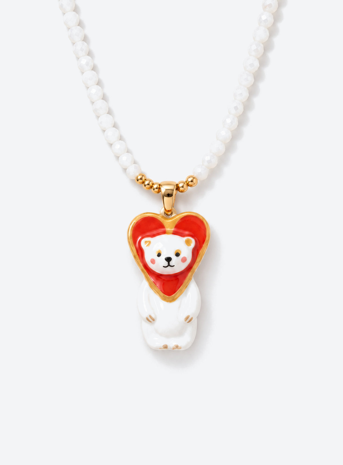 Hand-painted ceramic animal pendant necklace with gold-tone detailing and small colored beads on a delicate chain (Red Heart Bear)