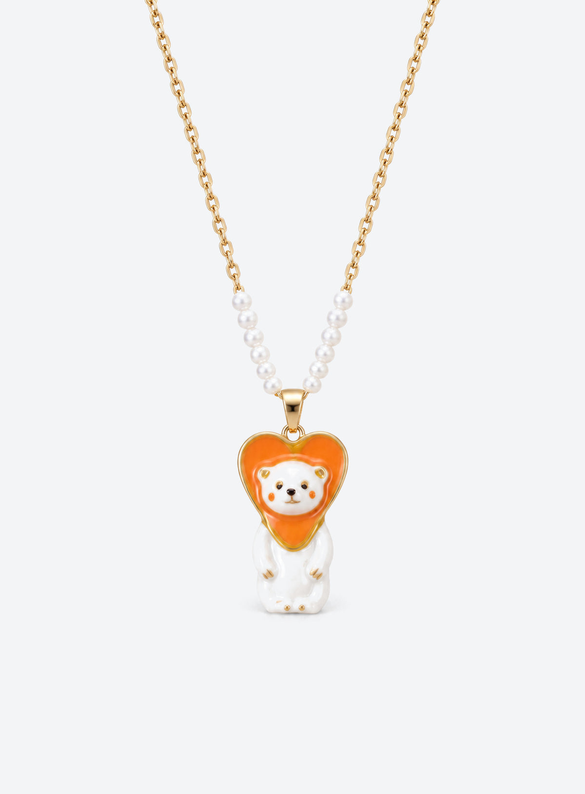Hand-painted ceramic animal pendant necklace with gold-tone detailing and small colored beads on a delicate chain (Orange Heart Bear)
