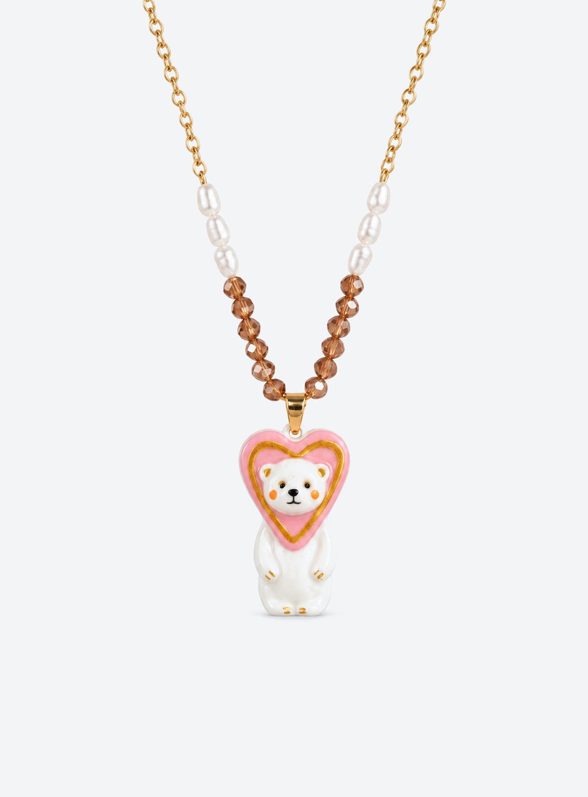 Hand-painted ceramic animal pendant necklace with gold-tone detailing and small colored beads on a delicate chain (Pink Heart Bear)