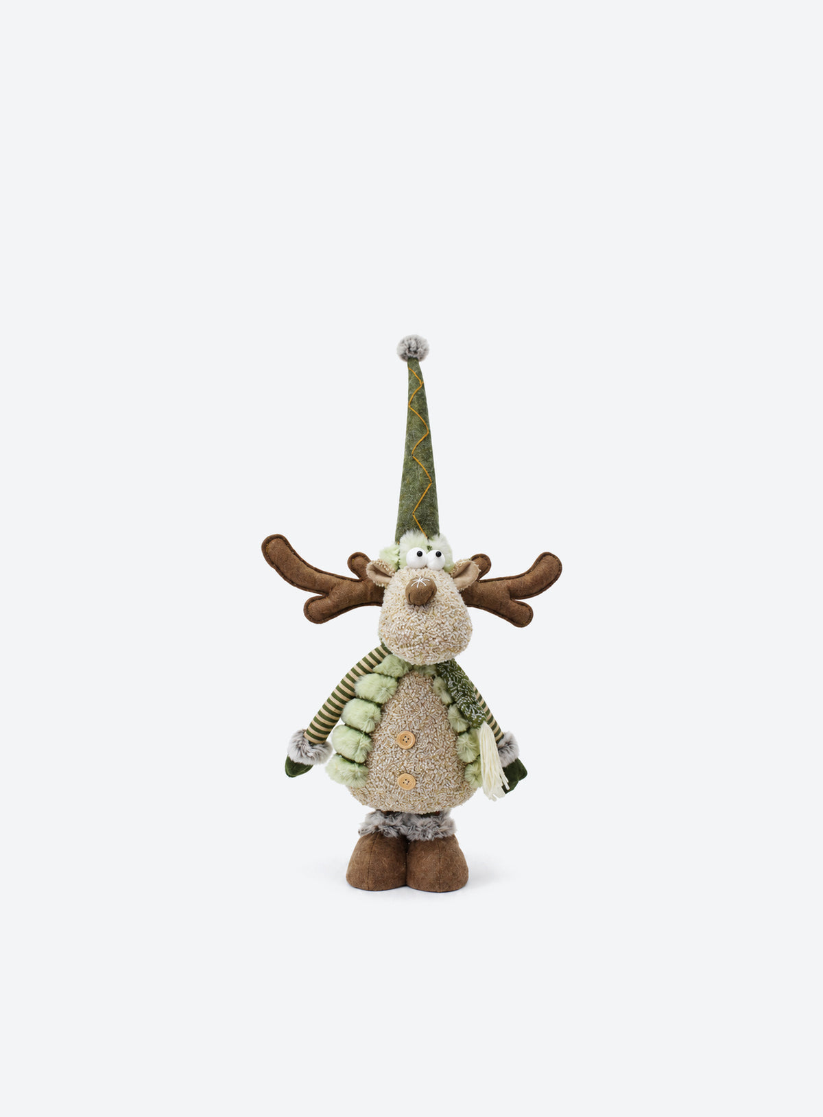 Green and brown fabric Christmas floor decoration with extendable striped legs, available in Reindeer or Gnome designs. (Reindeer)