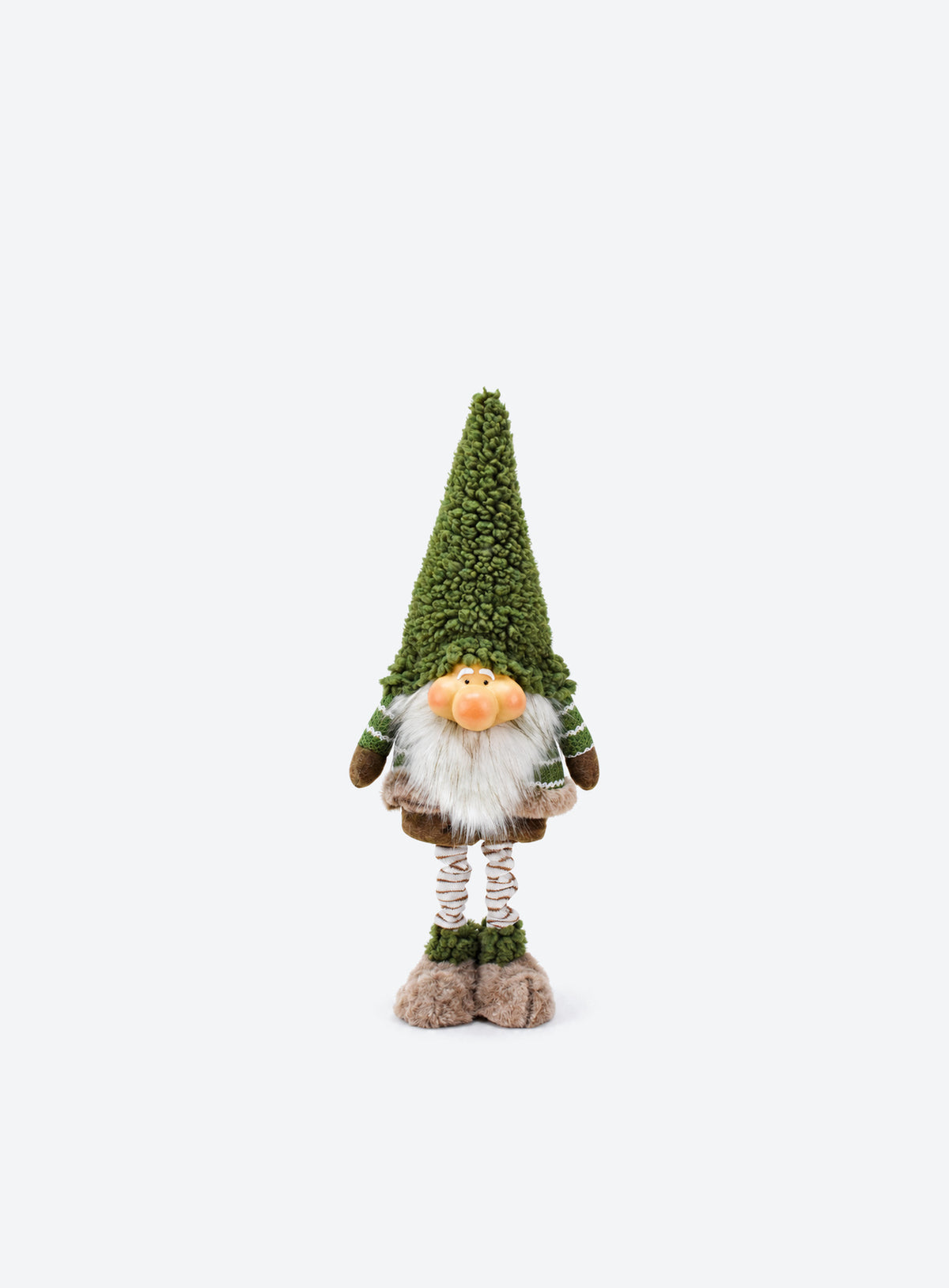 Green and brown fabric Christmas floor decoration with extendable striped legs, available in Reindeer or Gnome designs. (Gnome)